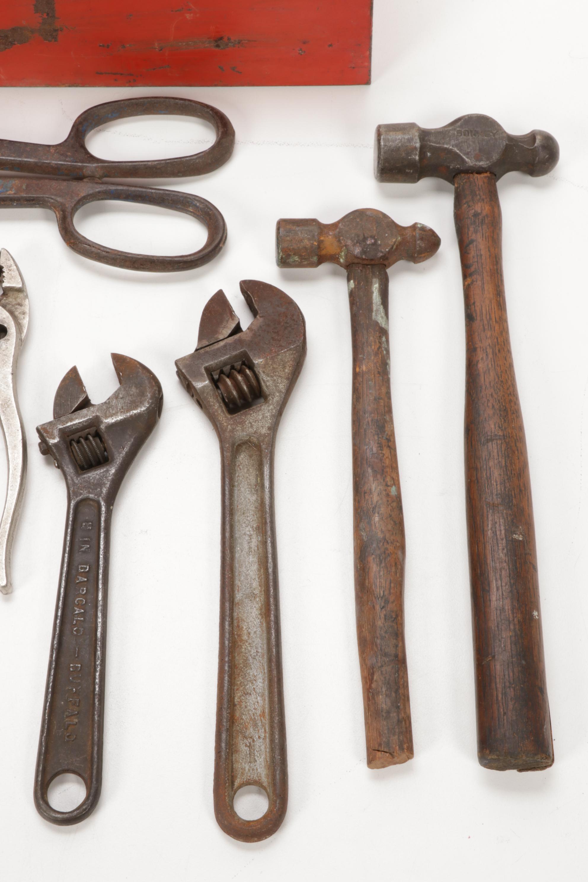 Forged Steel and Wooden Tools in Enamel Machinist Tool Box, Vintage