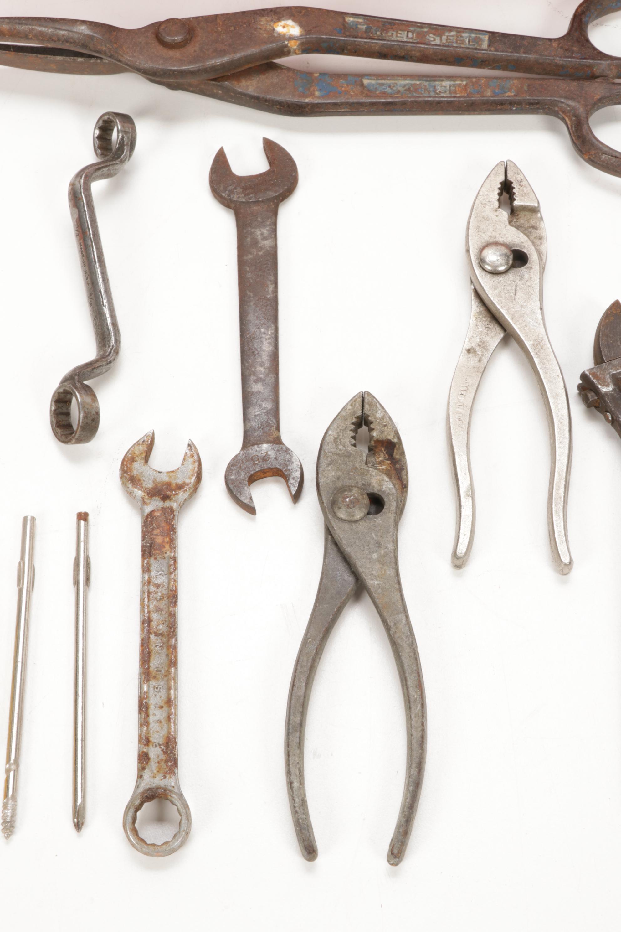 Forged Steel and Wooden Tools in Enamel Machinist Tool Box, Vintage