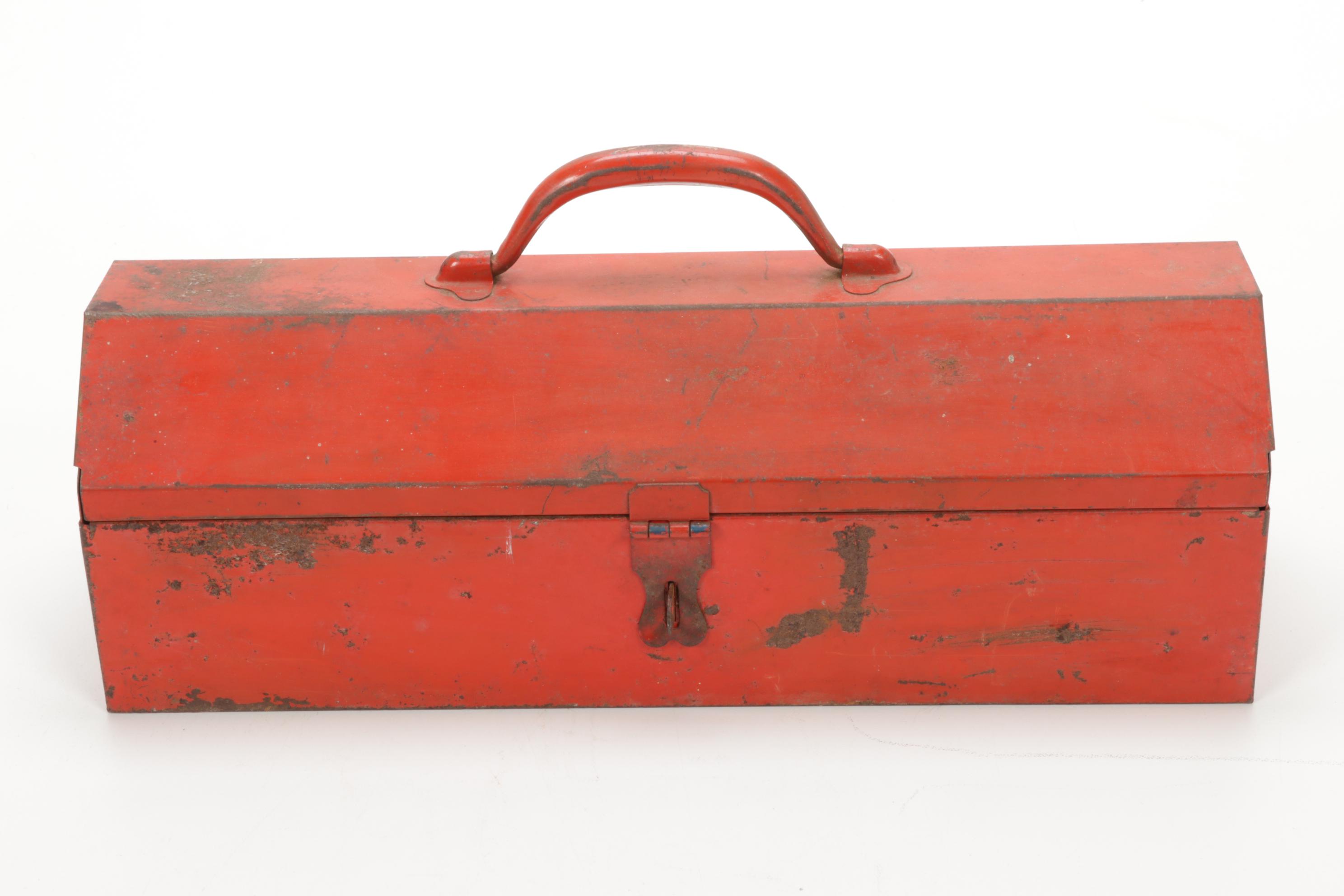 Forged Steel and Wooden Tools in Enamel Machinist Tool Box, Vintage