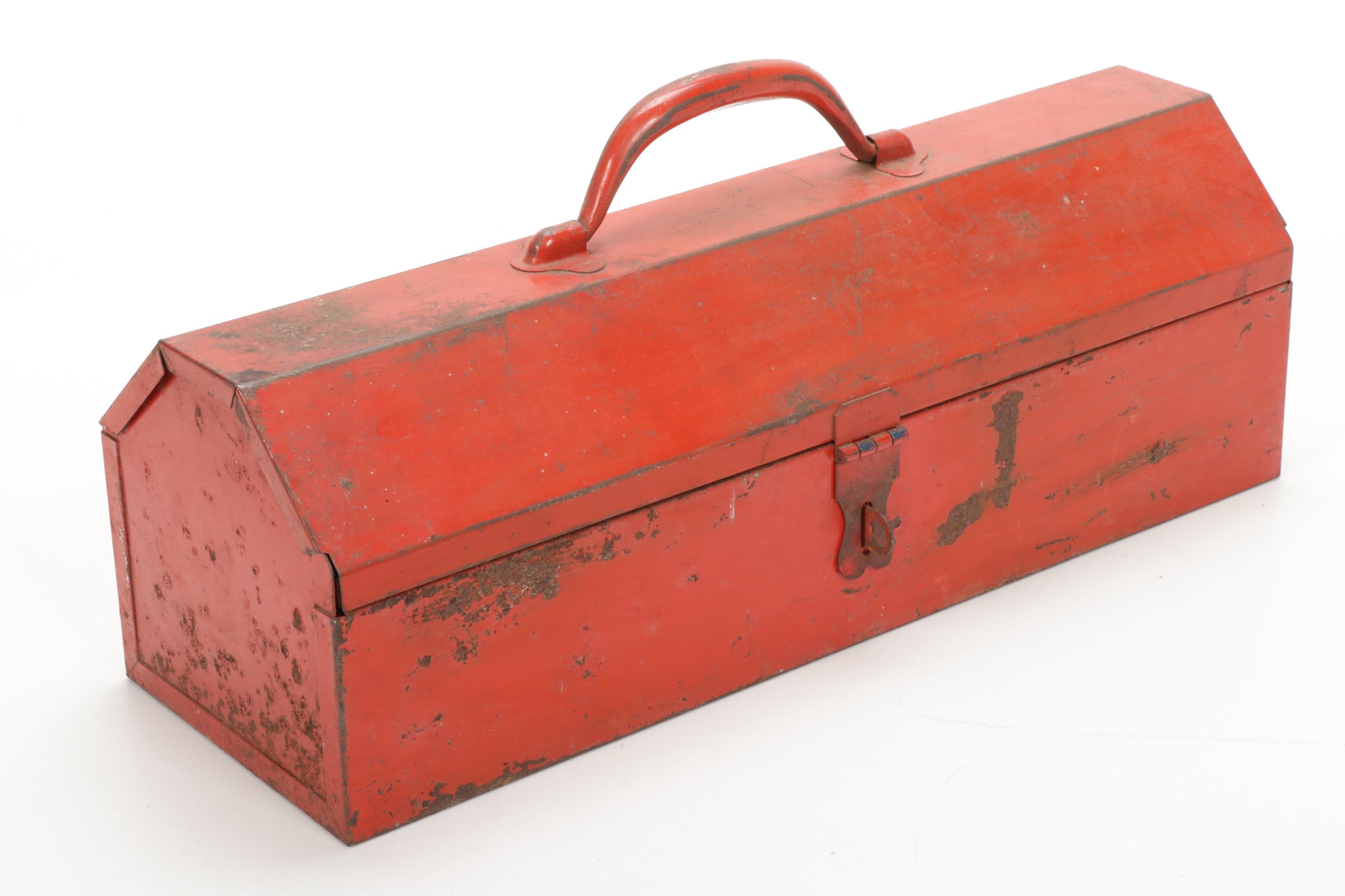 Forged Steel and Wooden Tools in Enamel Machinist Tool Box, Vintage