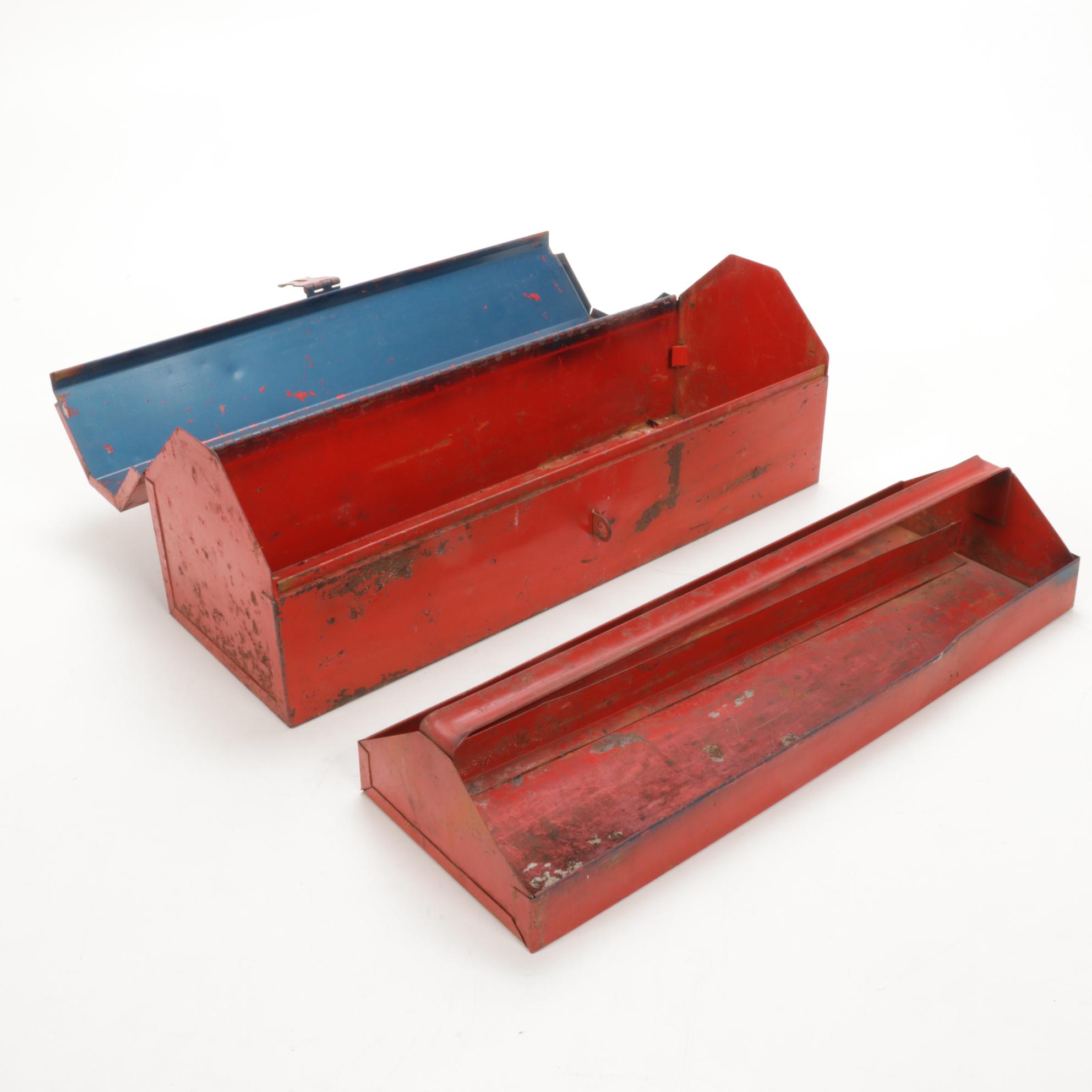 Forged Steel and Wooden Tools in Enamel Machinist Tool Box, Vintage