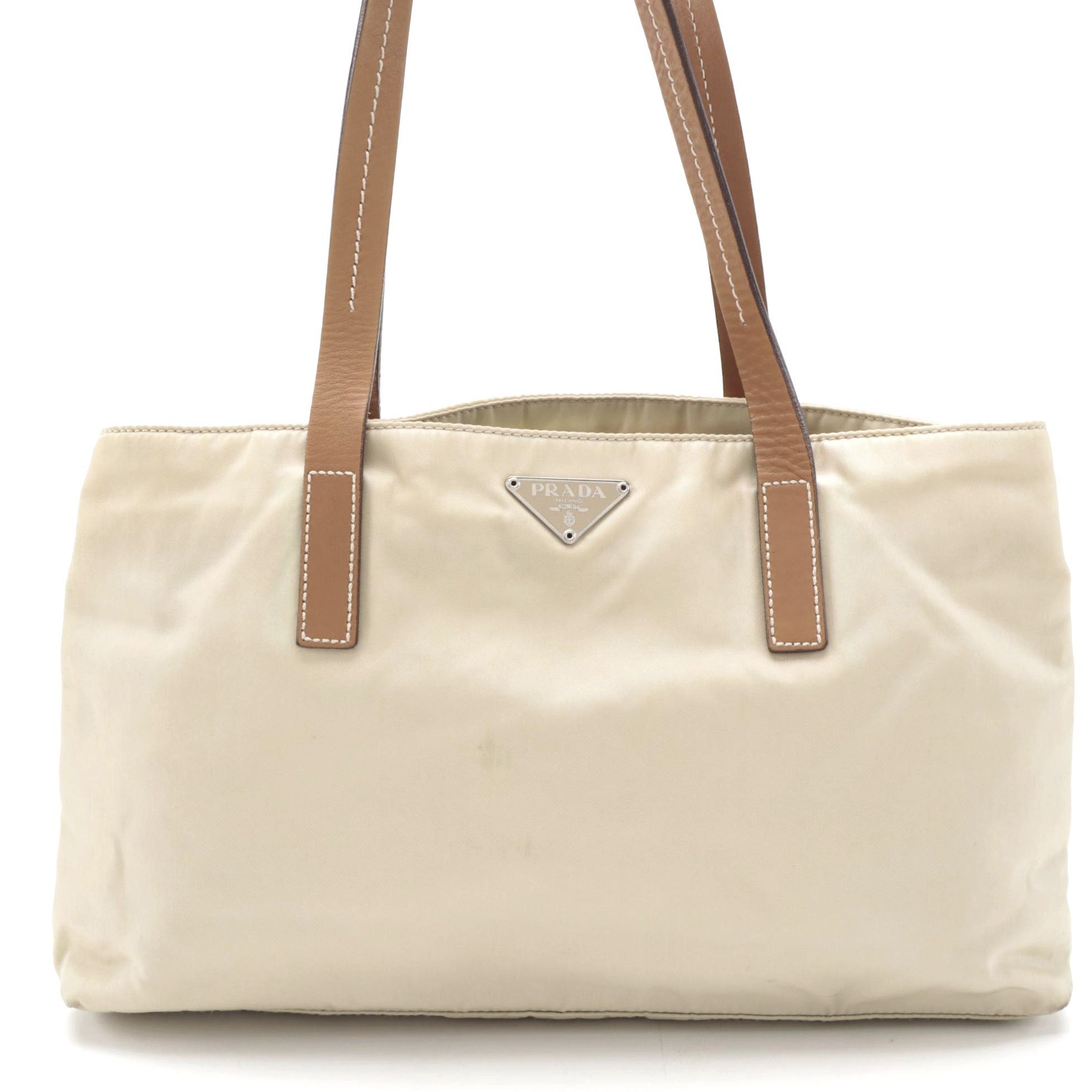 Prada Small Beige Tessuto Nylon Tote Bag with Leather Straps