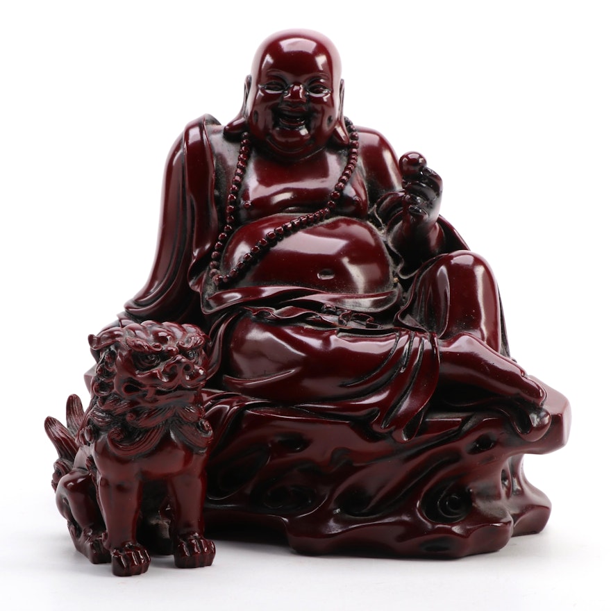 Chinese Happy Buddha and Guardian Lion Figurines