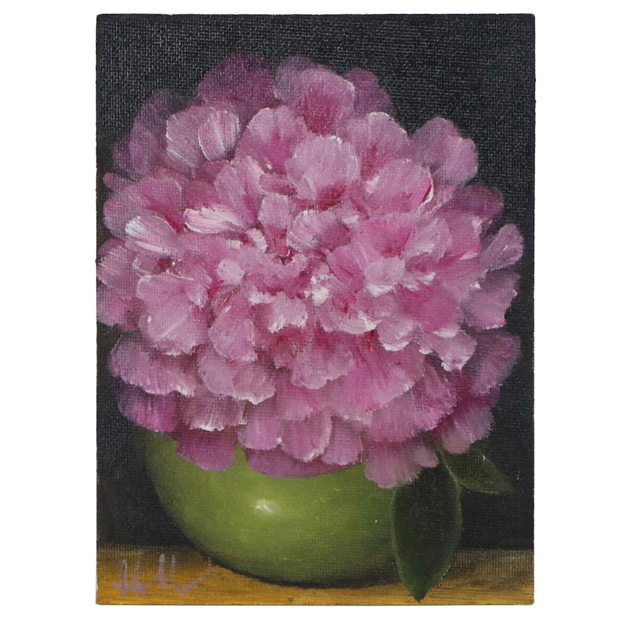 Thuthuy Tran Floral Oil Painting "Green Vase, Pink Peony"