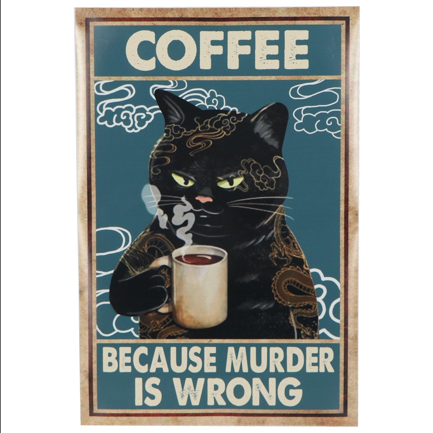 Giclée of Black Cat Drinking Coffee, 21st Century