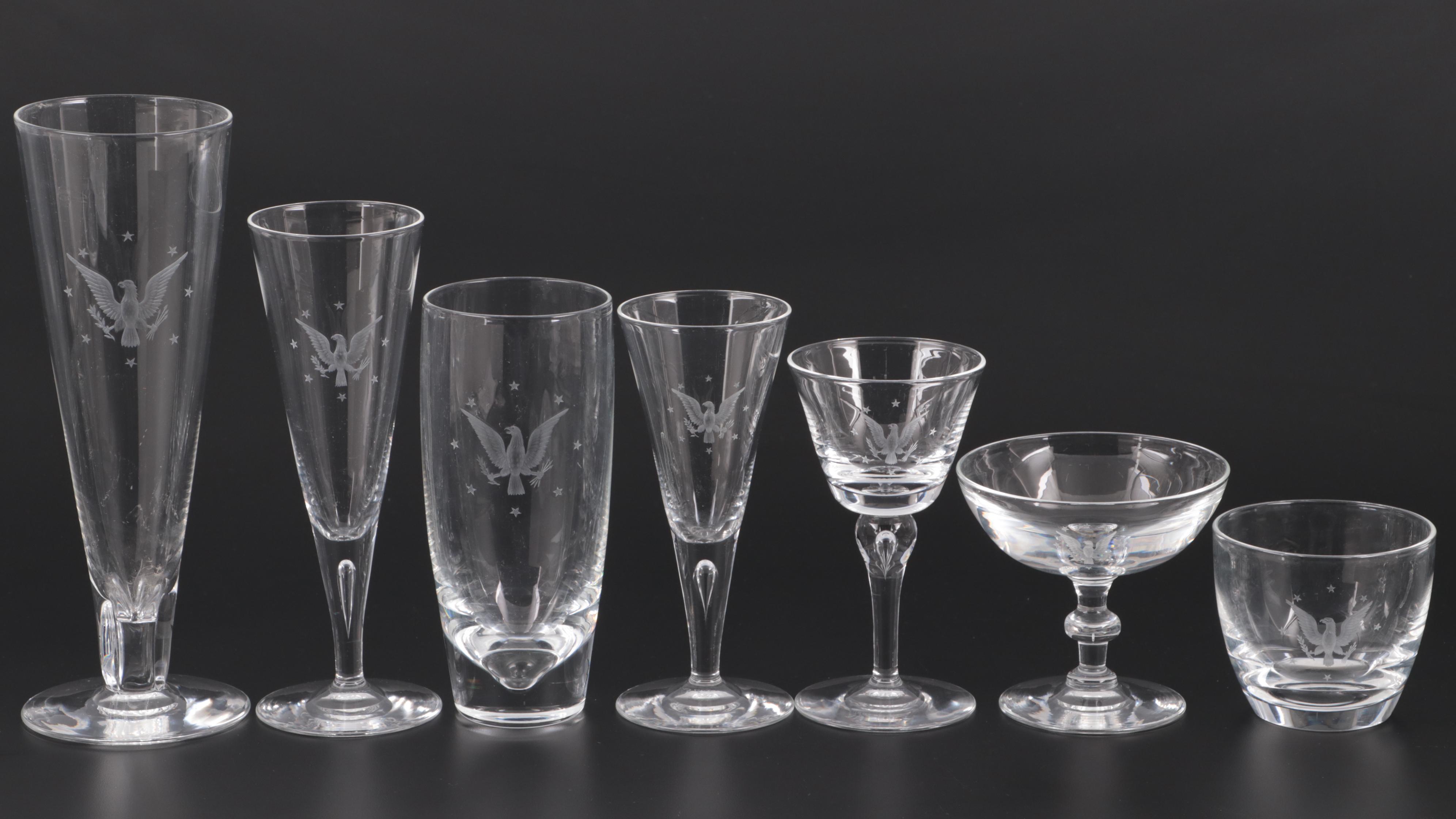 Steuben Etched Glassware for "USS Williamsburg" Presidential Yacht, Mid-20th C.