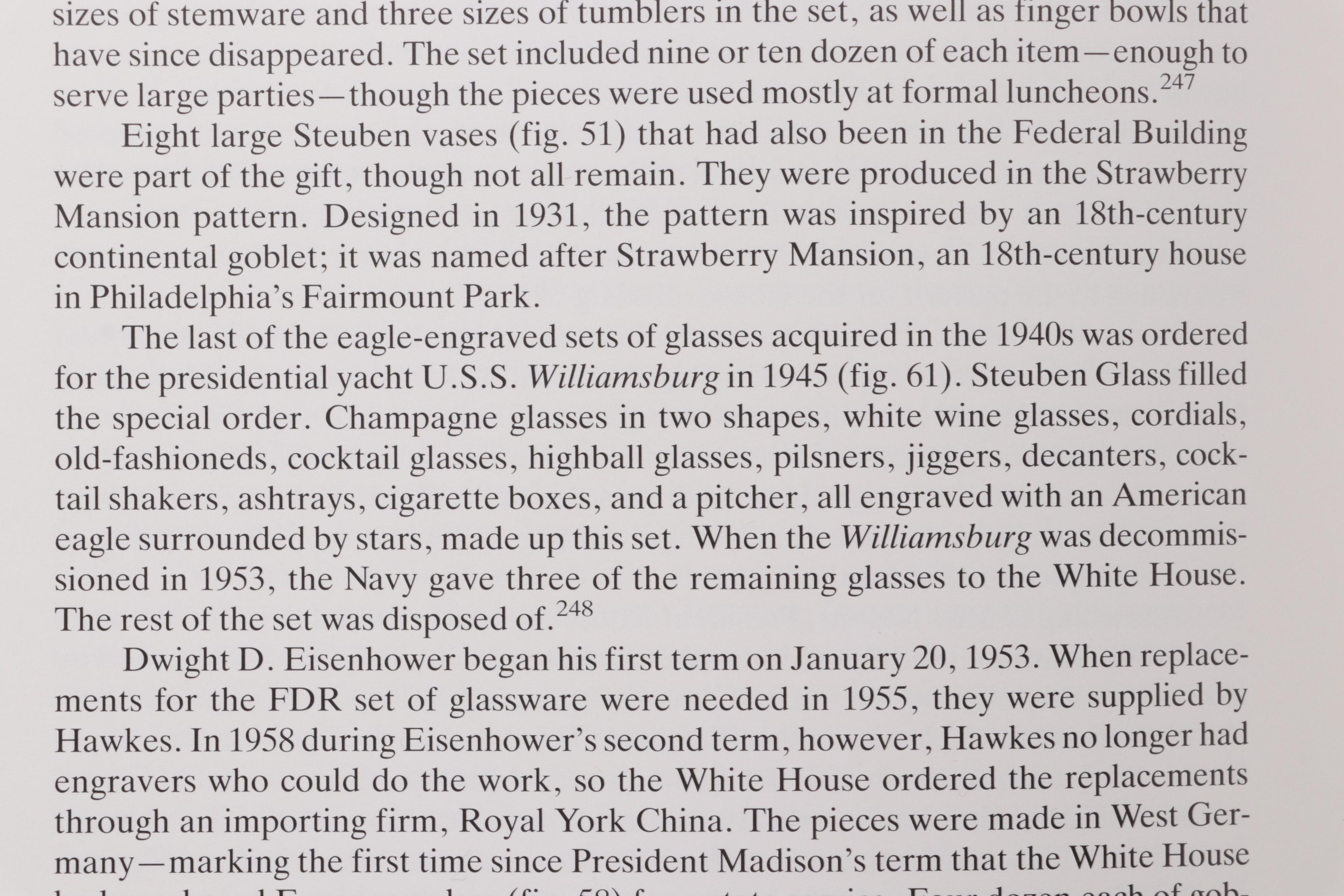 Steuben Etched Glassware for "USS Williamsburg" Presidential Yacht, Mid-20th C.