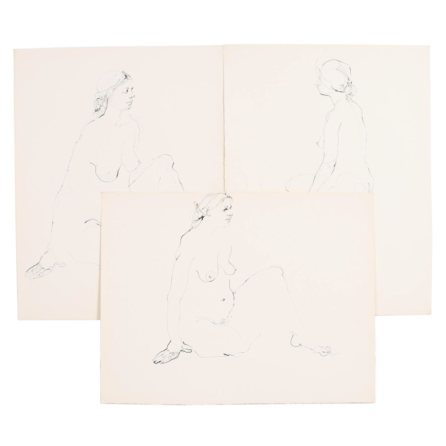 John Tuska Figural Nude Ink Drawings, Late 20th Century