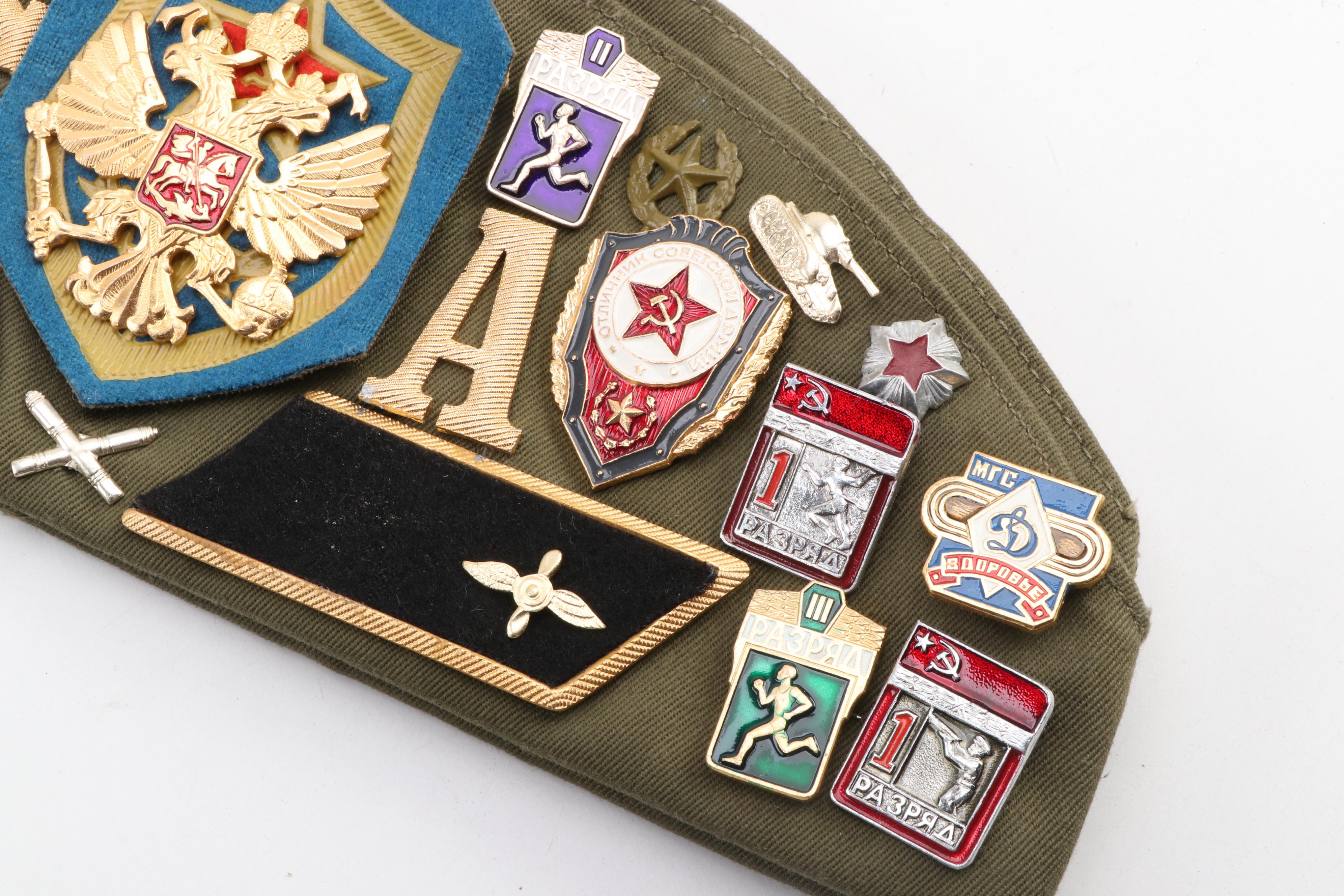 Russian Military Pilotka Garrison Cap with Medals, Patches, and Collar Tabs