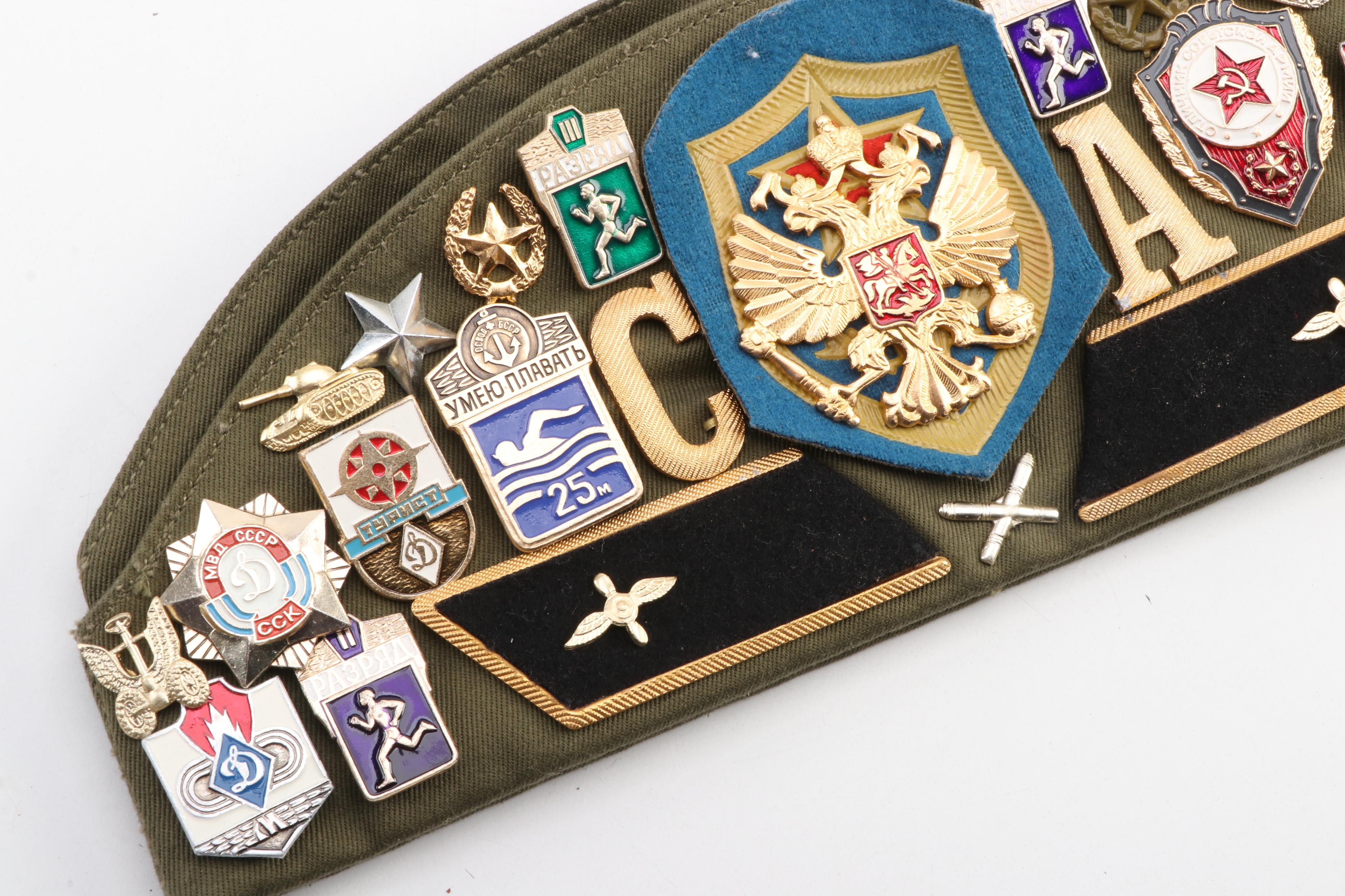 Russian Military Pilotka Garrison Cap with Medals, Patches, and Collar Tabs