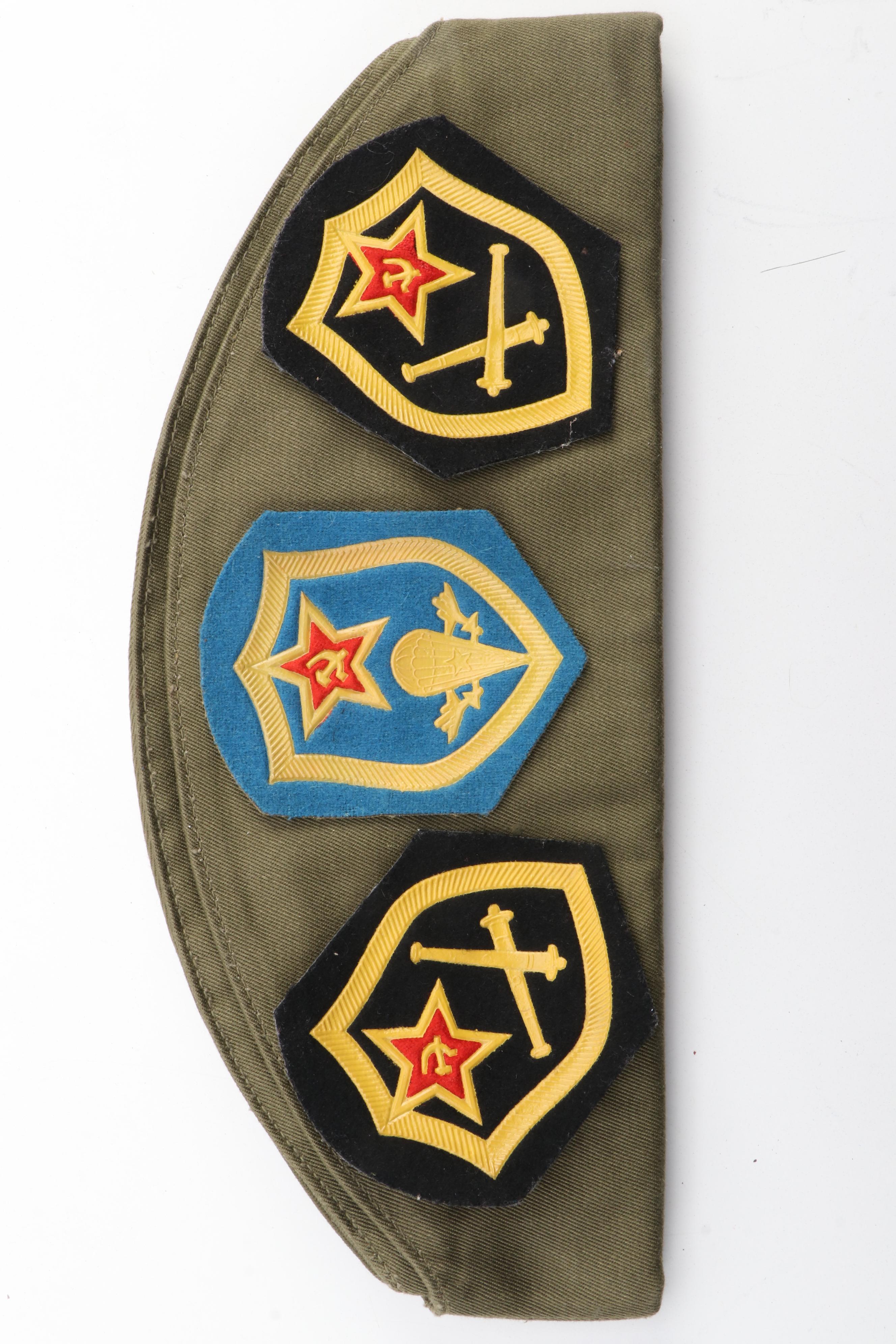 Russian Military Pilotka Garrison Cap with Medals, Patches, and Collar Tabs