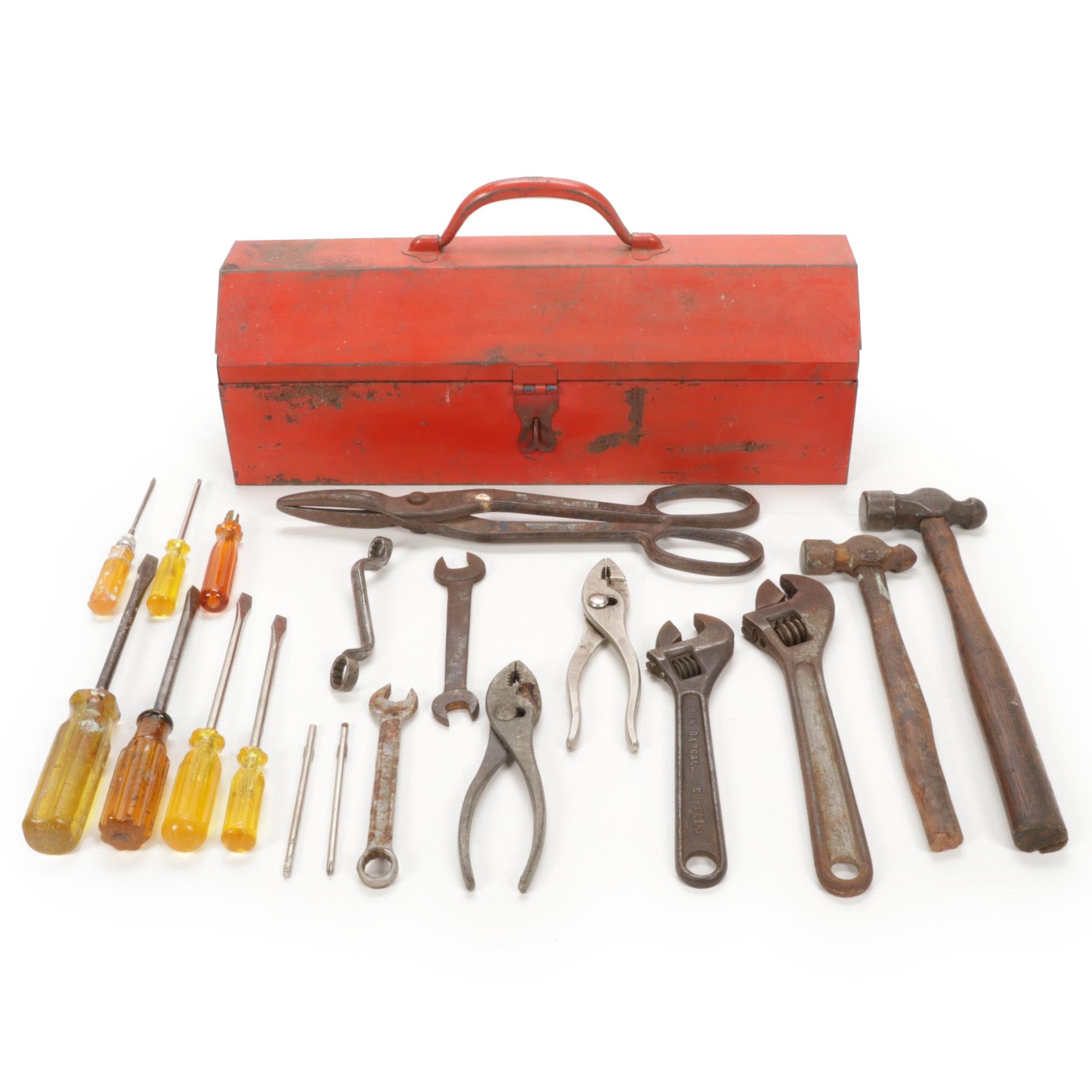 Forged Steel and Wooden Tools in Enamel Machinist Tool Box, Vintage