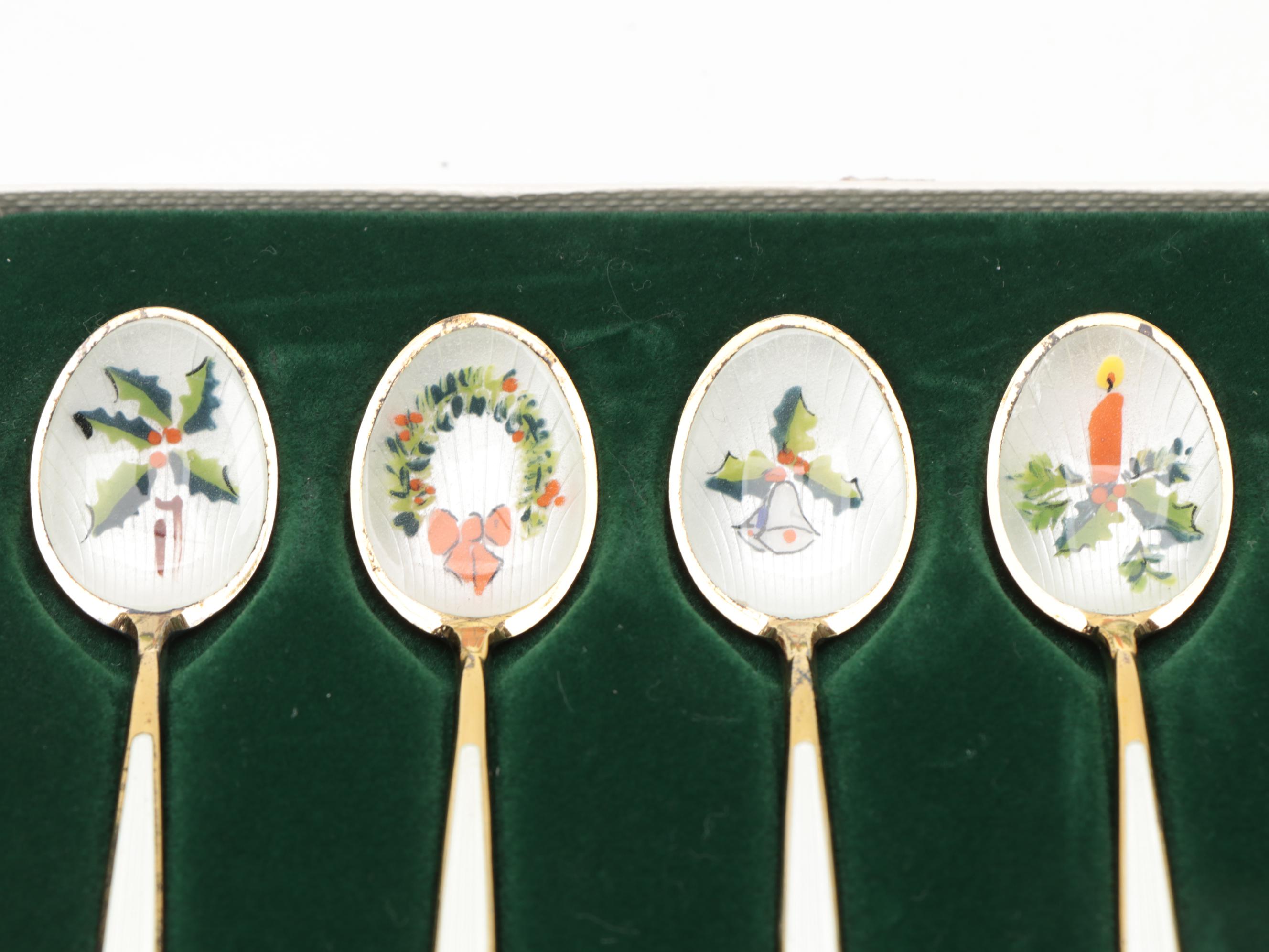 David-Anderson Sterling Silver Gold Washed Enamel Christmas Demitasse Spoon Sets