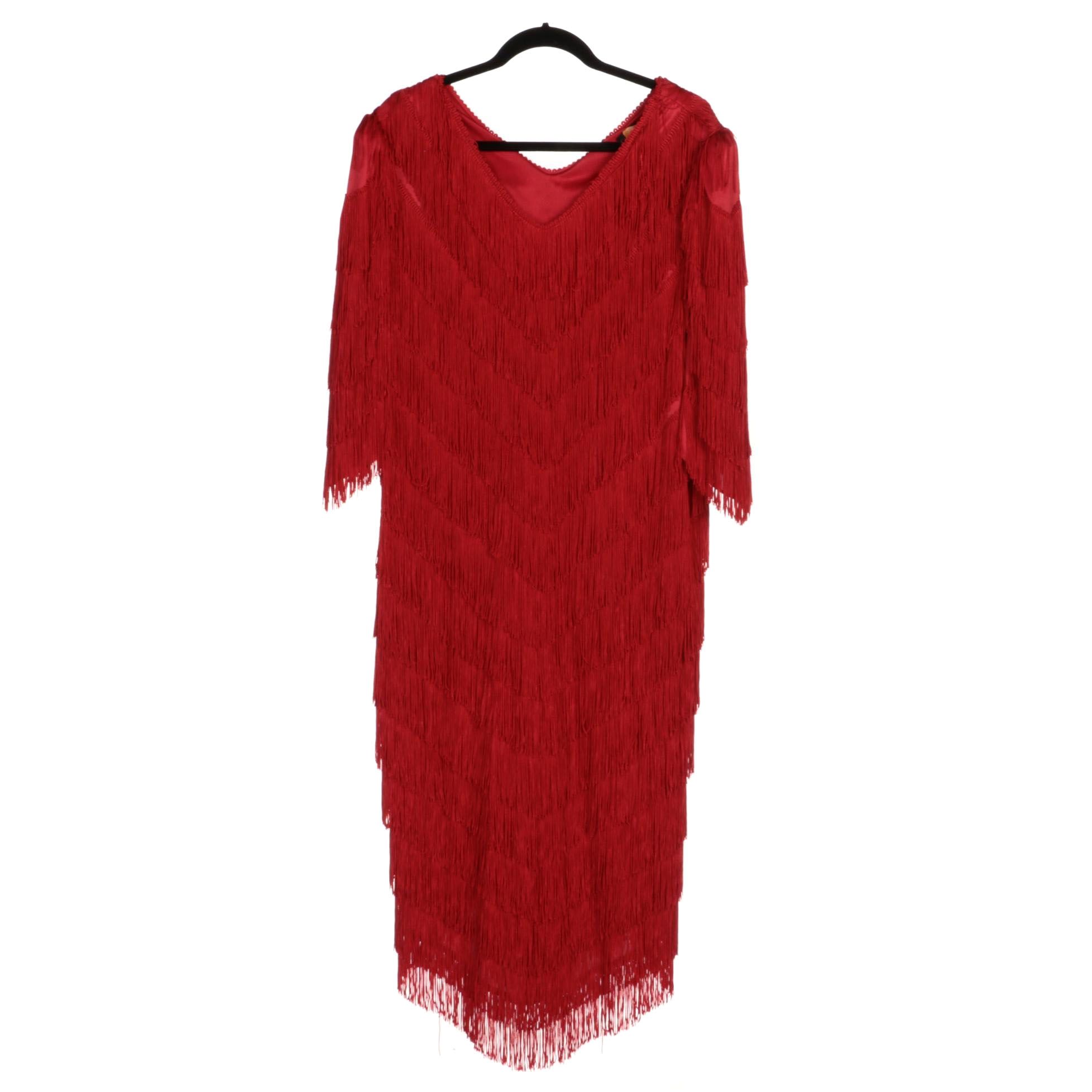 Cybil's Closet New York Red Fringed Dress with V-Cut Neckline