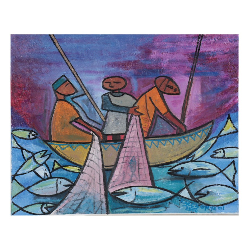 Azeez Oyeyemi Acrylic Painting "Fishing," 2000