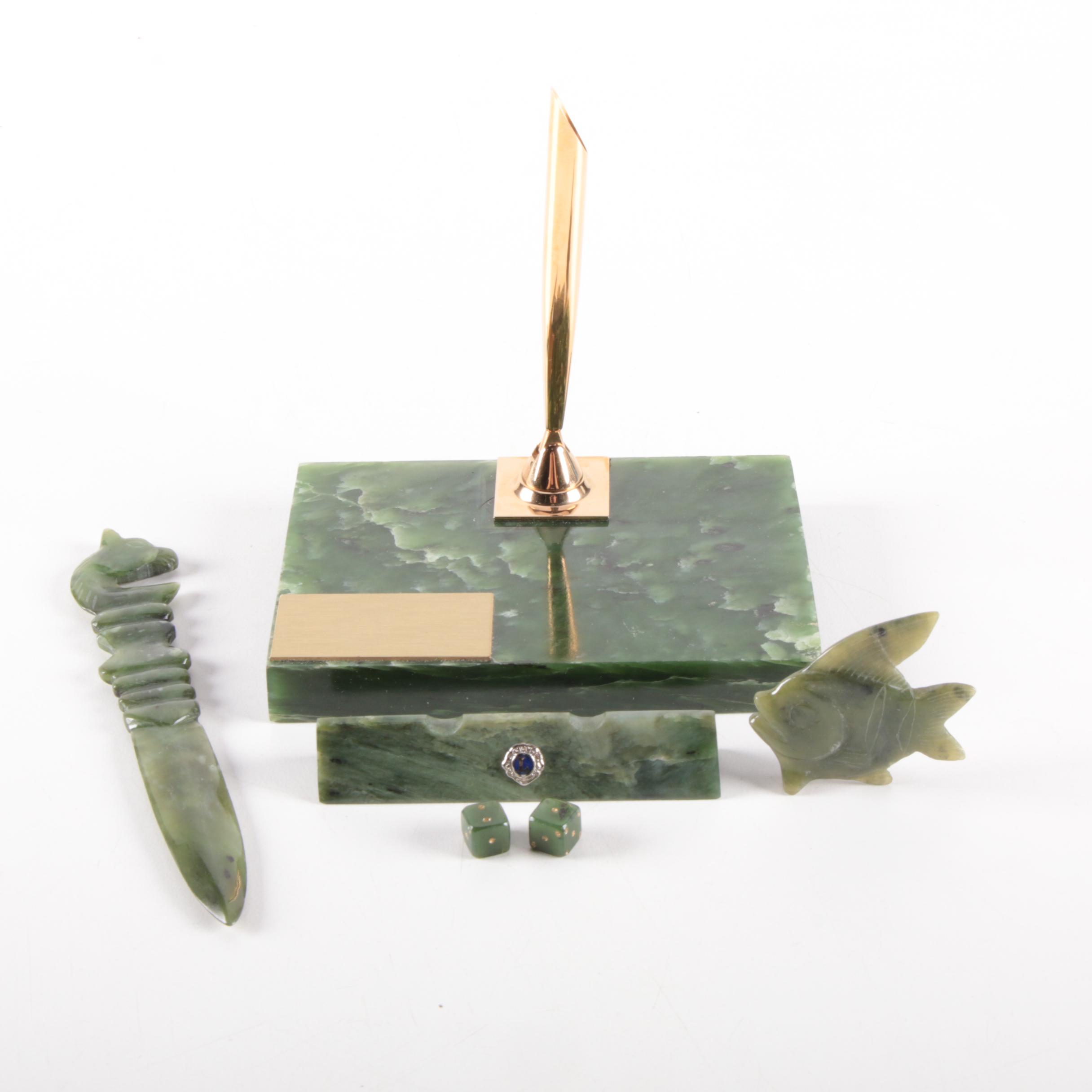 Nephrite Pen Holder with Other Craved Accessories, Late 20th Century