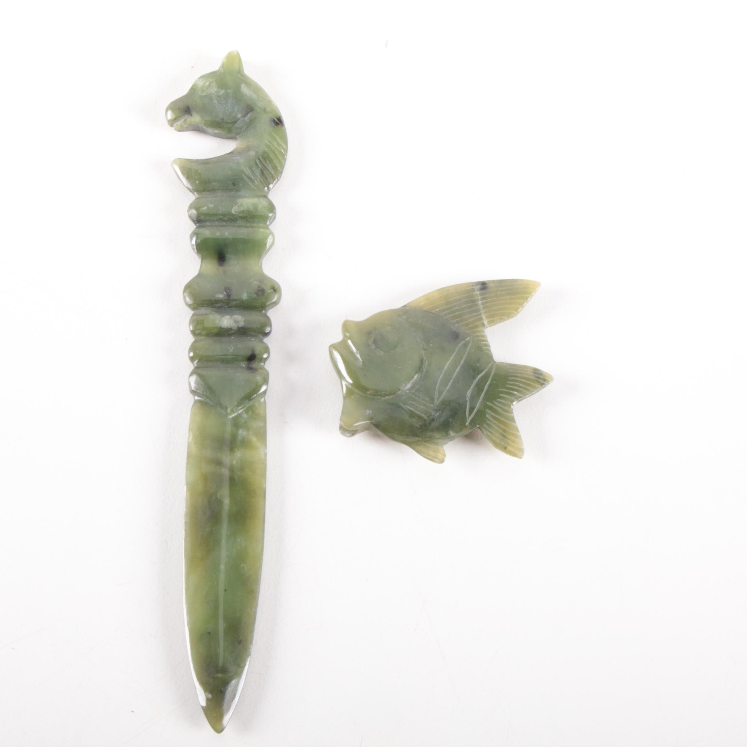 Nephrite Pen Holder with Other Craved Accessories, Late 20th Century