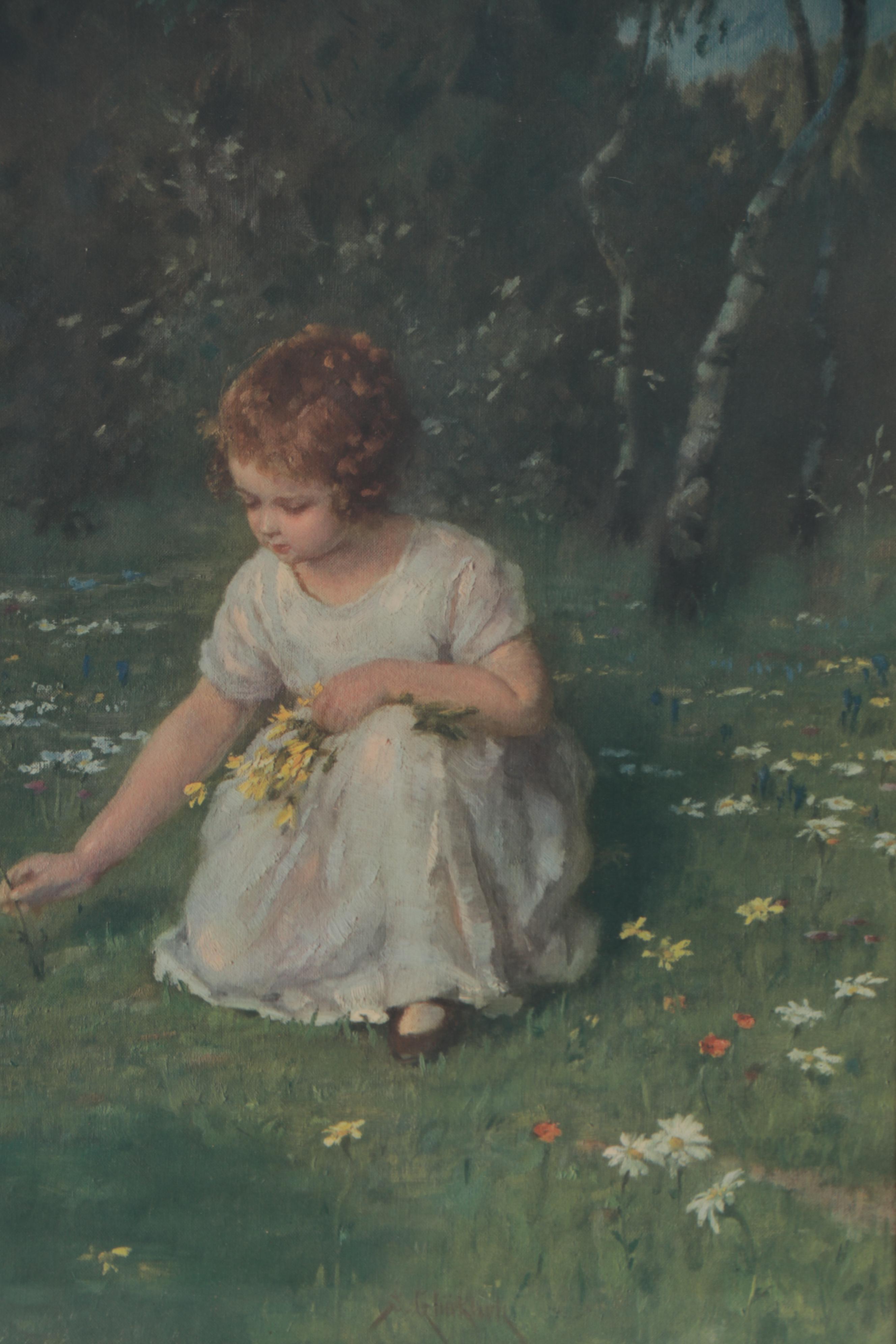 Color Collotype after Simon Glücklich of Young Child Picking Flowers
