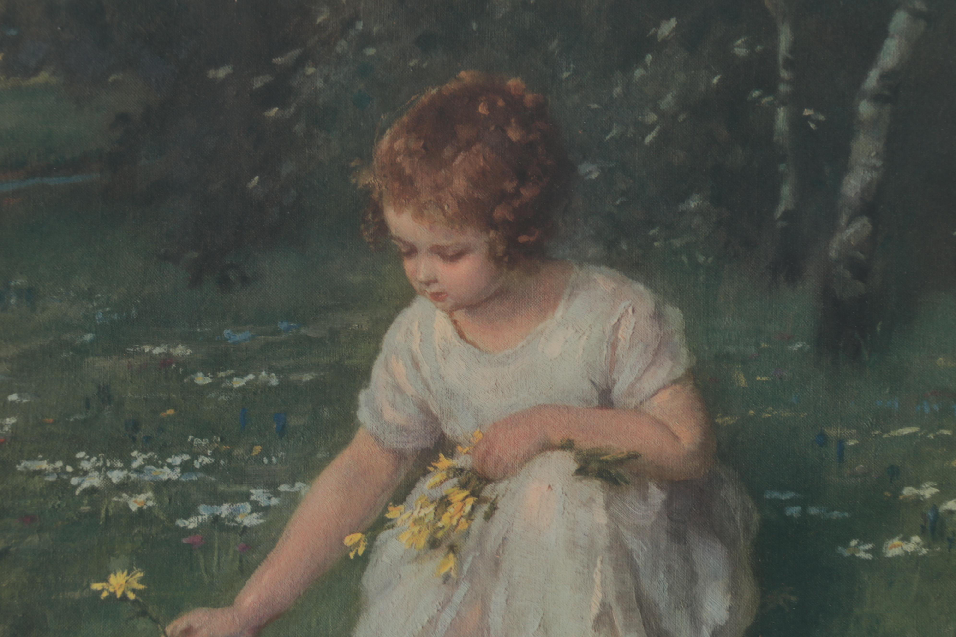 Color Collotype after Simon Glücklich of Young Child Picking Flowers