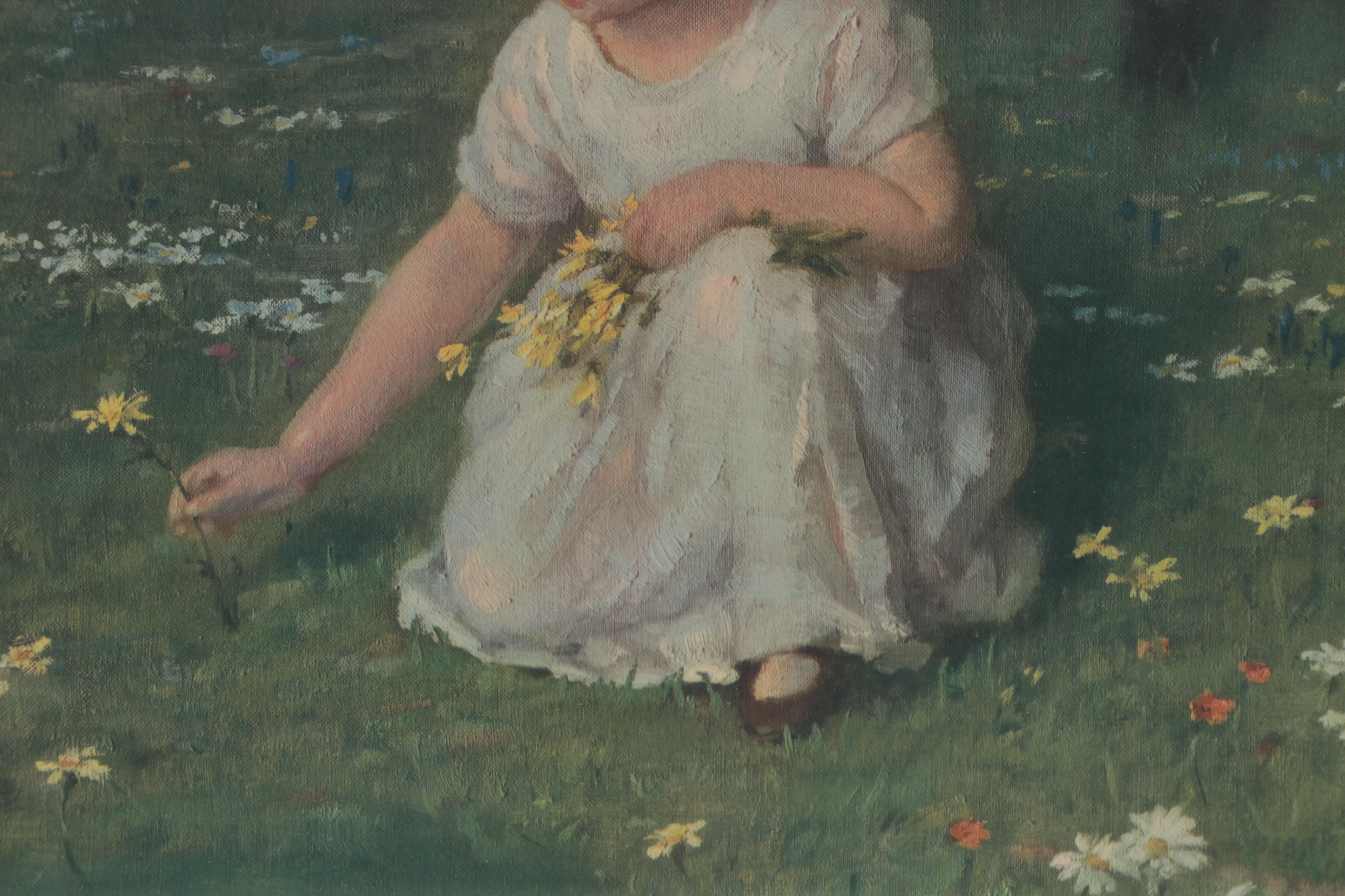Color Collotype after Simon Glücklich of Young Child Picking Flowers