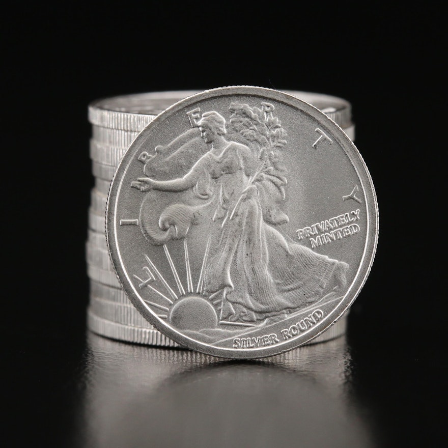 Fourteen Walking Liberty Theme 1/10th Troy Ounce .999 Fine Silver Rounds