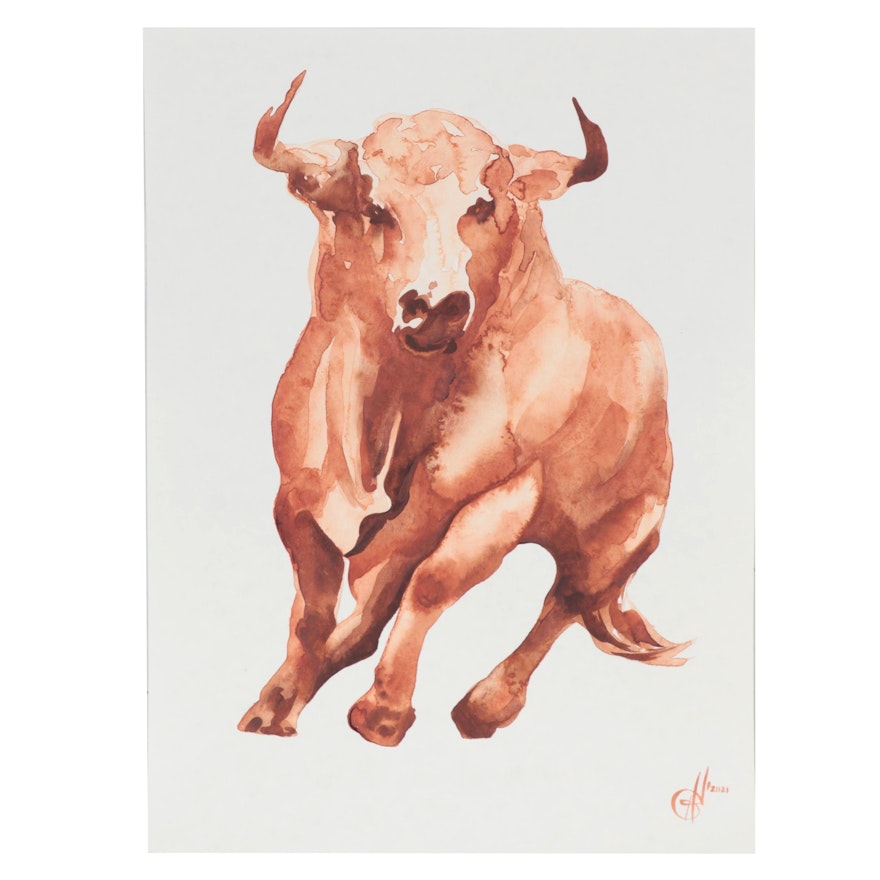 Alyona Glushchenko Watercolor Painting of Bull, 2021