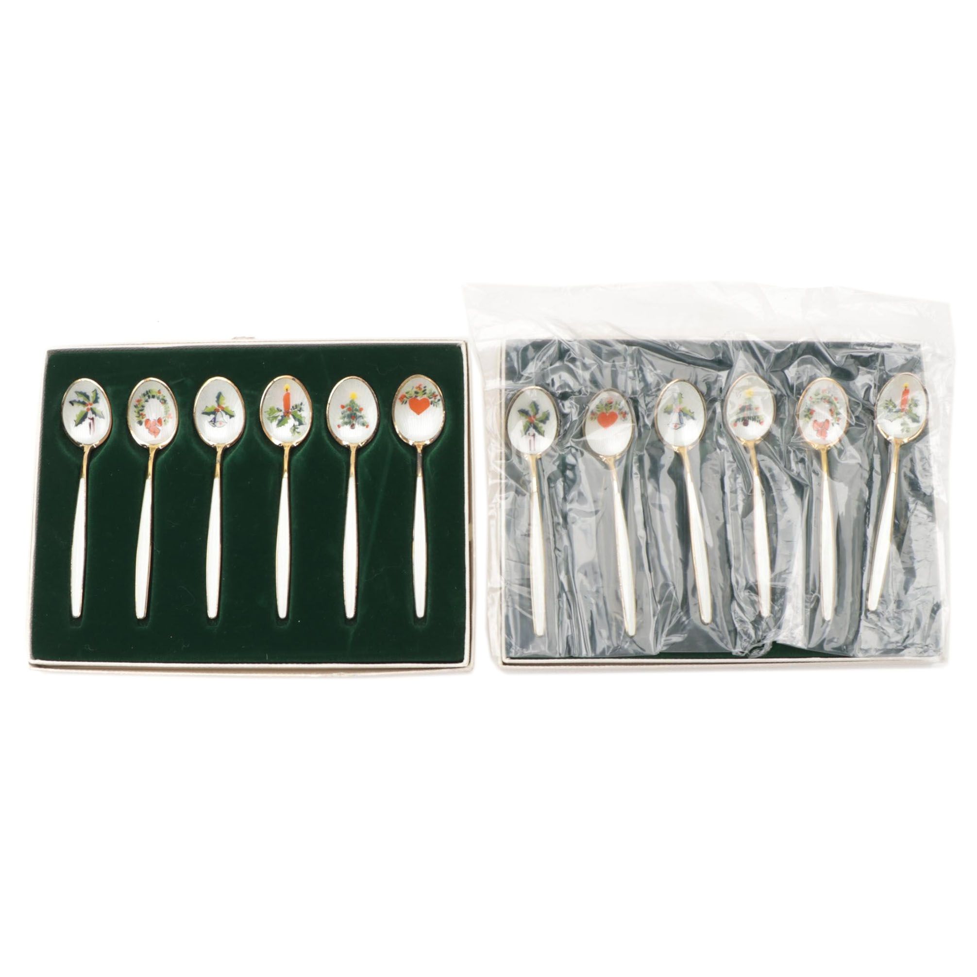 David-Anderson Sterling Silver Gold Washed Enamel Christmas Demitasse Spoon Sets
