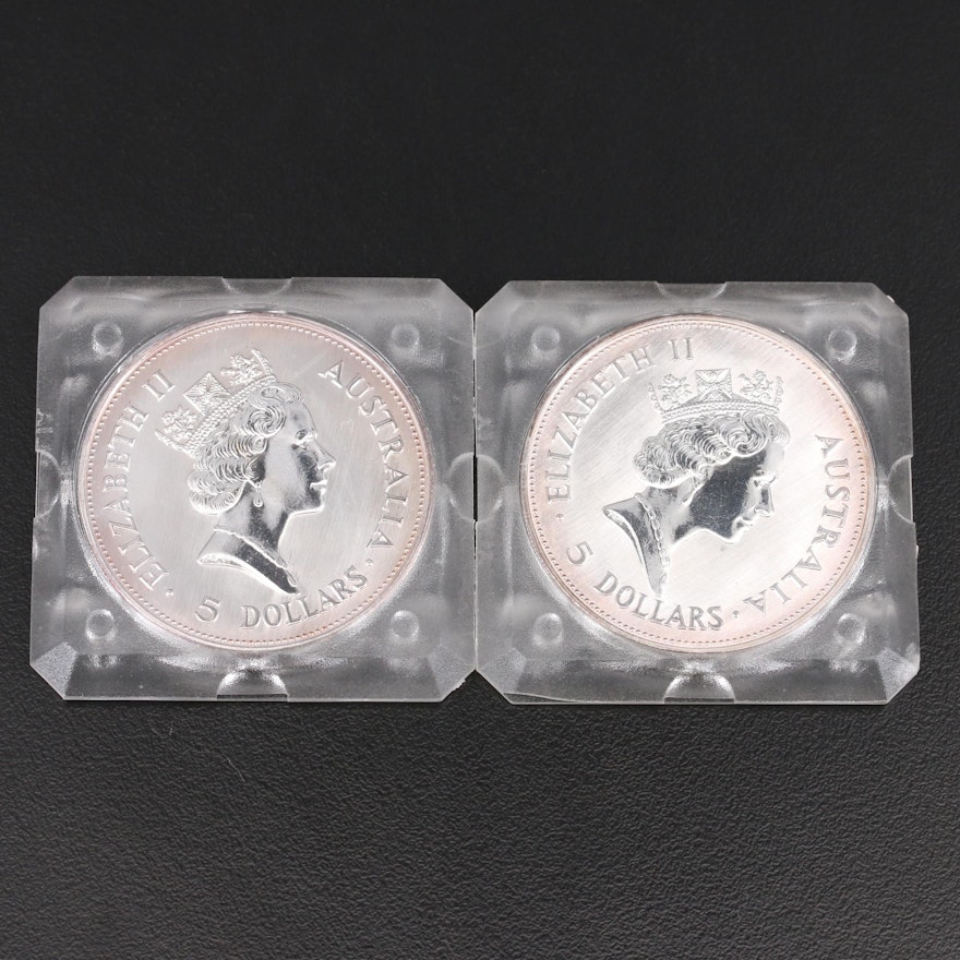 Two 1990 $5 Australia Kookaburra Uncirculated Bullion Coins