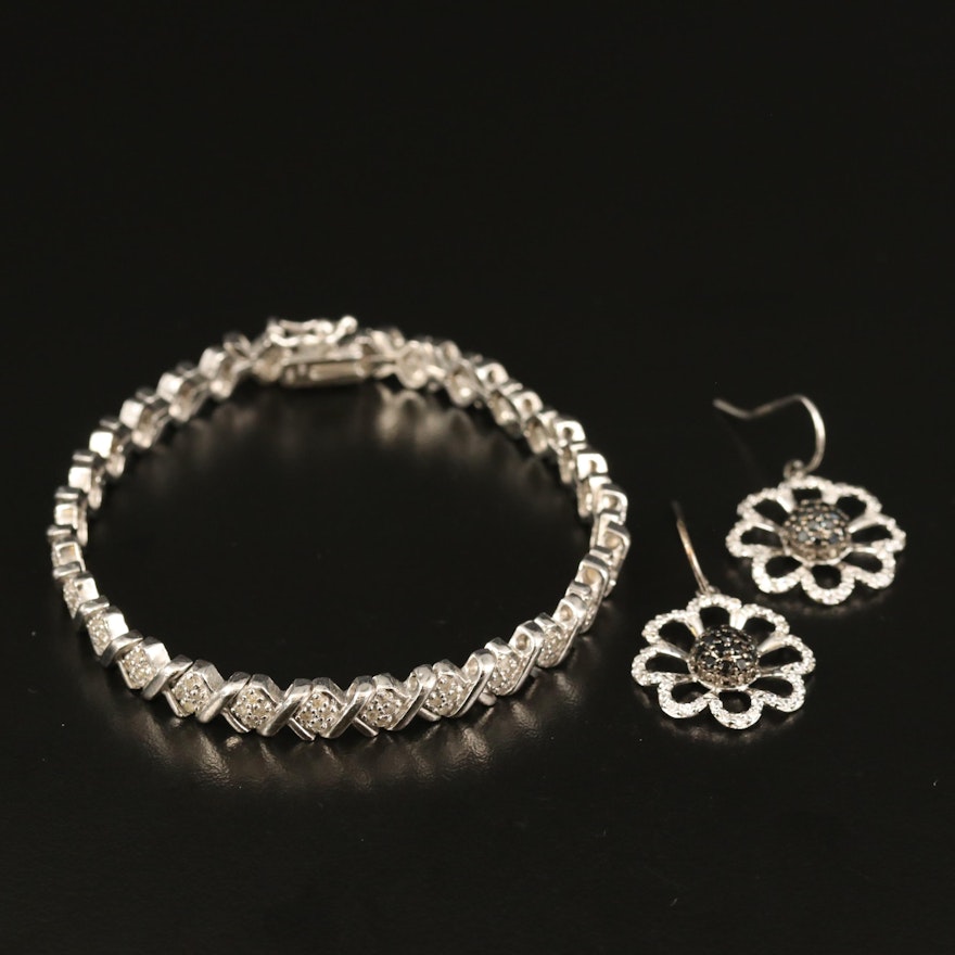 Flower Earrings and Fancy Link Bracelet with Diamond and Cubic Zirconia
