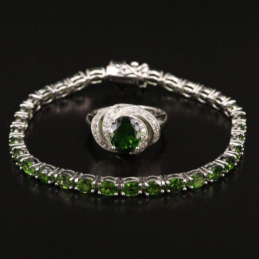 Sterling Diopside and White Sapphire Ring with Link Bracelet