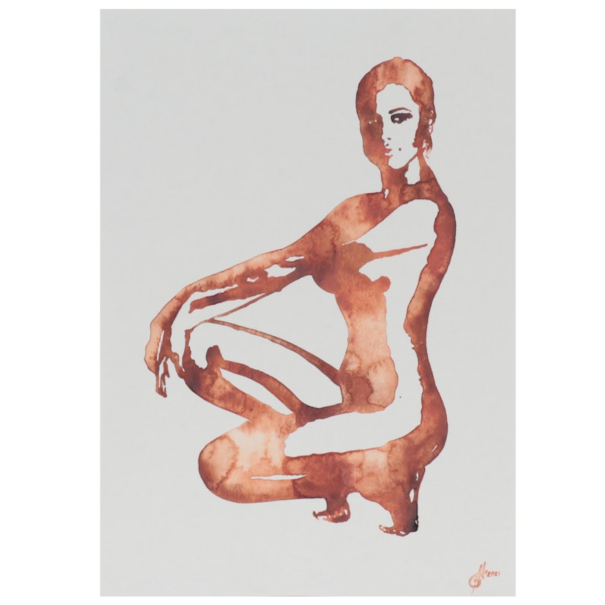 Alyona Glushchenko Figural Watercolor Painting of Female Nude