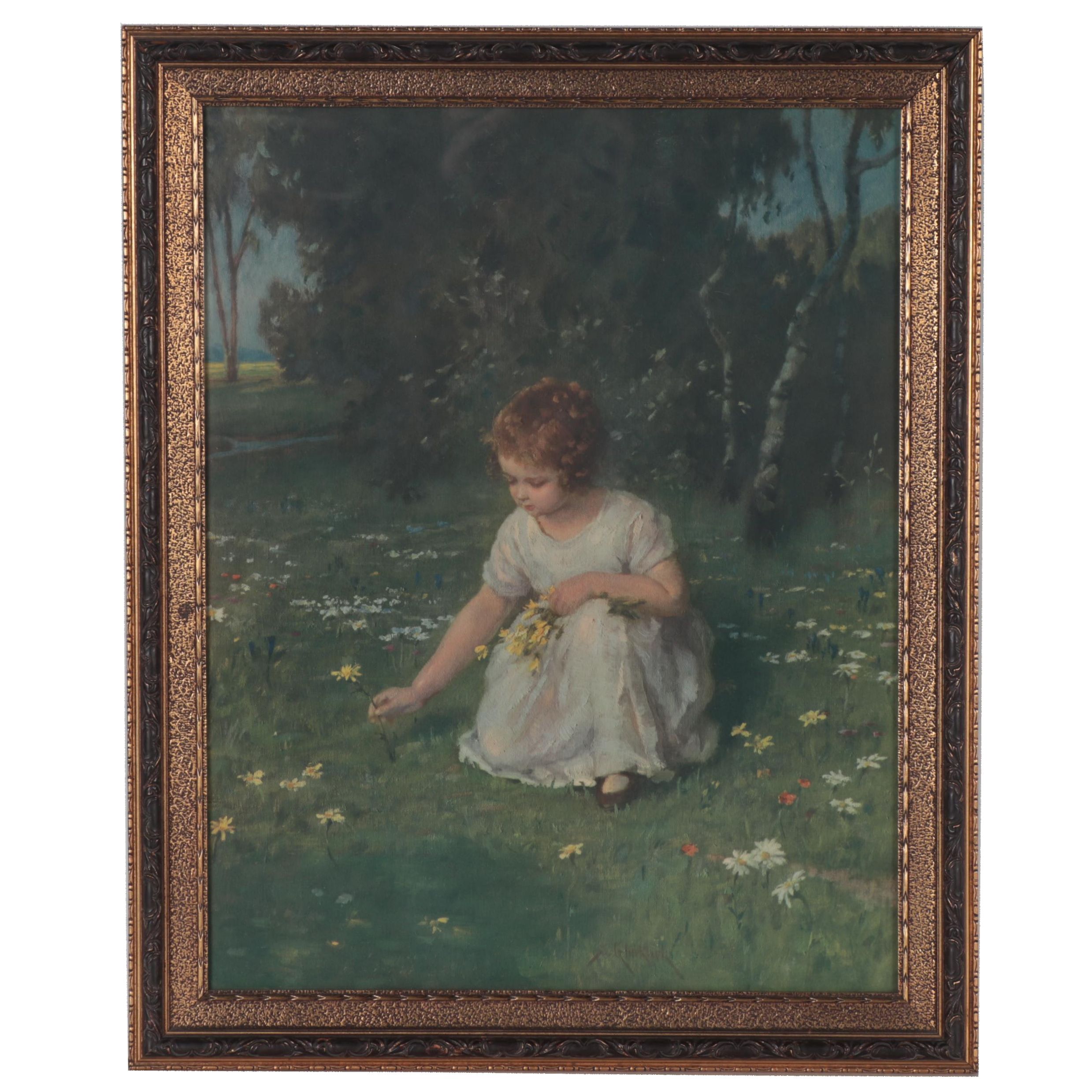 Color Collotype after Simon Glücklich of Young Child Picking Flowers