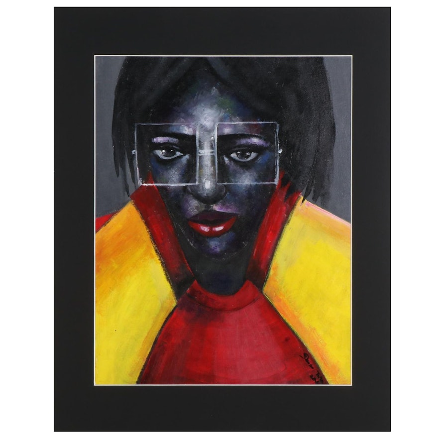 Samson Toba Oladosu Acrylic Painting of Woman in Square Glasses, 2021