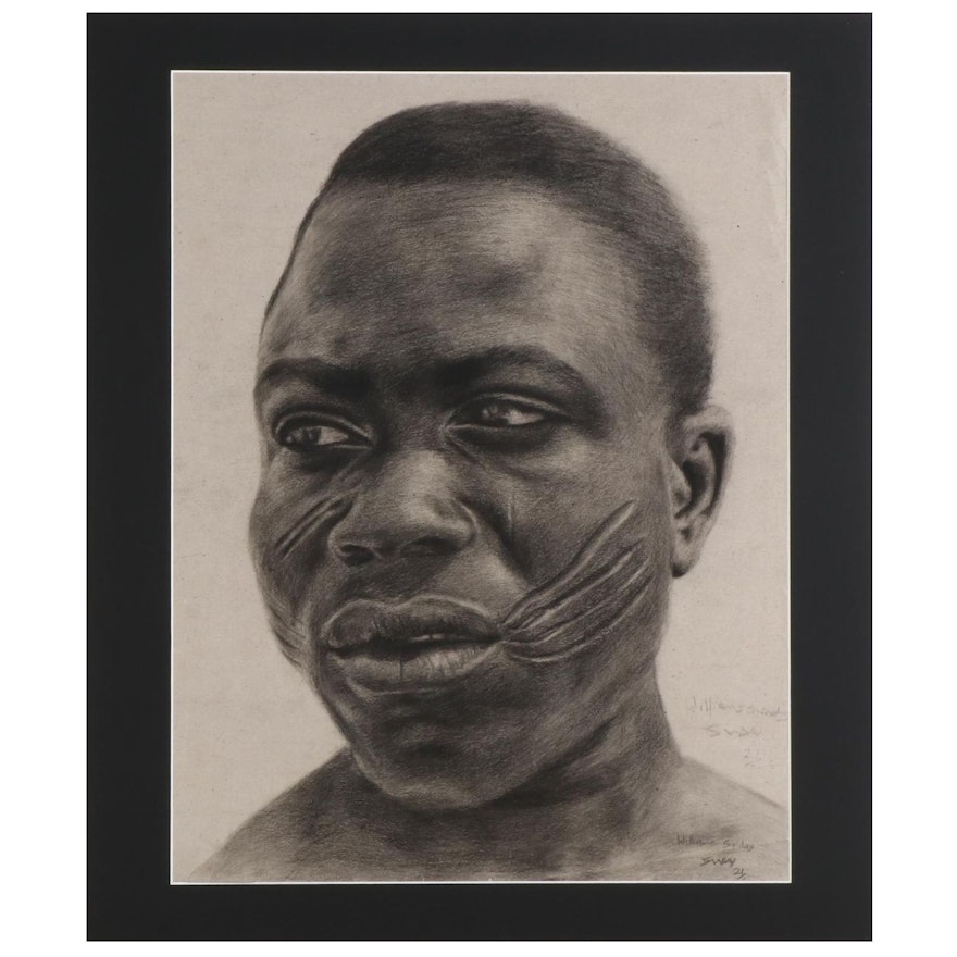 Williams Sunday Portrait Charcoal Drawing of Man with Scarred Cheeks, 2021