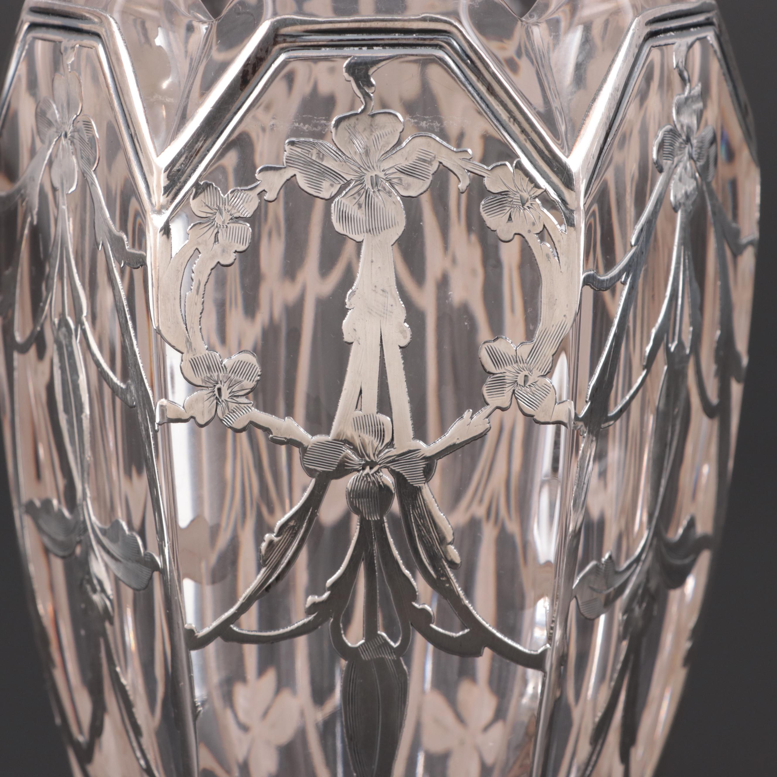 Art Nouveau Style Glass Vases with Sterling Silver Overlay