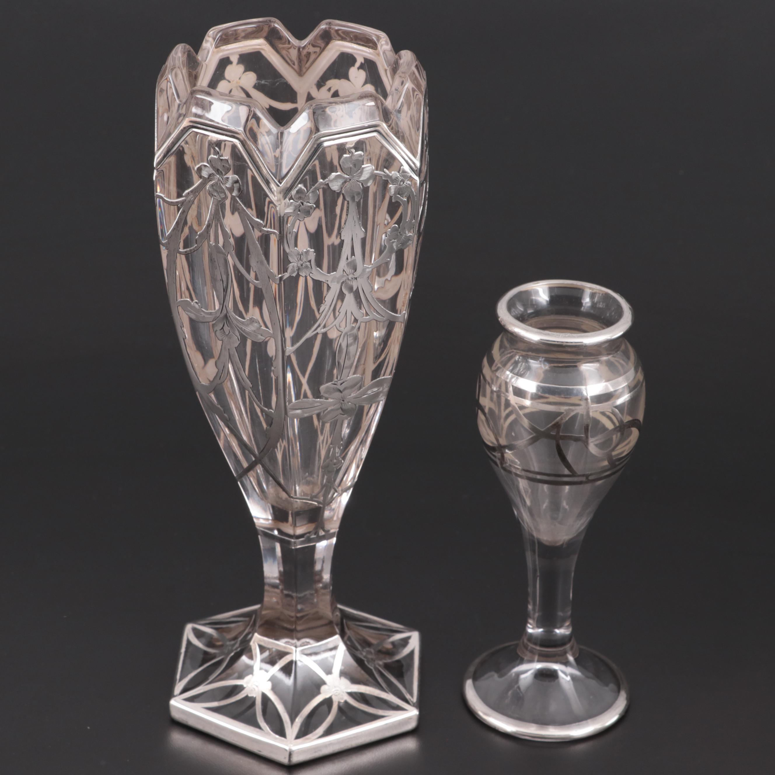 Art Nouveau Style Glass Vases with Sterling Silver Overlay