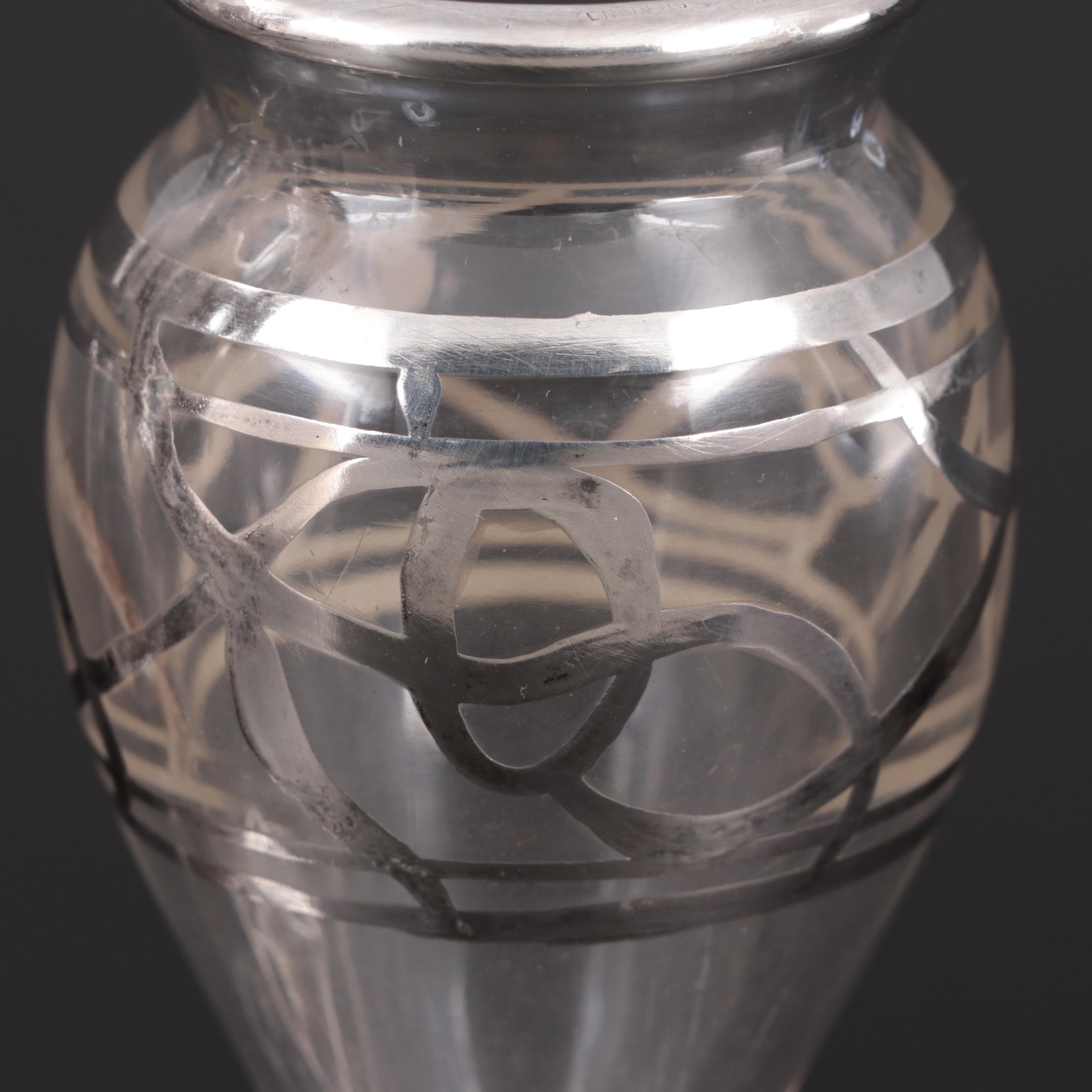 Art Nouveau Style Glass Vases with Sterling Silver Overlay