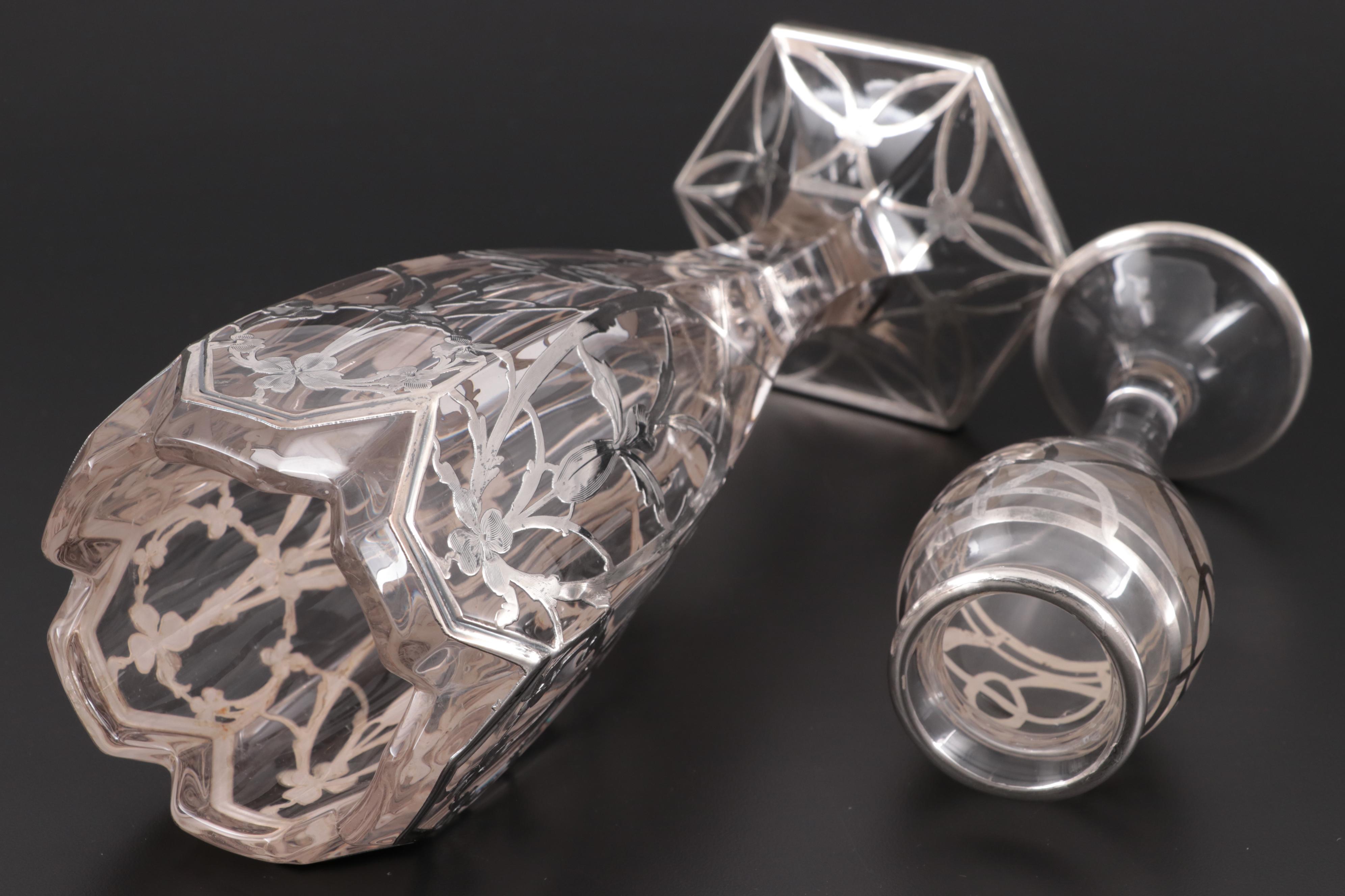 Art Nouveau Style Glass Vases with Sterling Silver Overlay