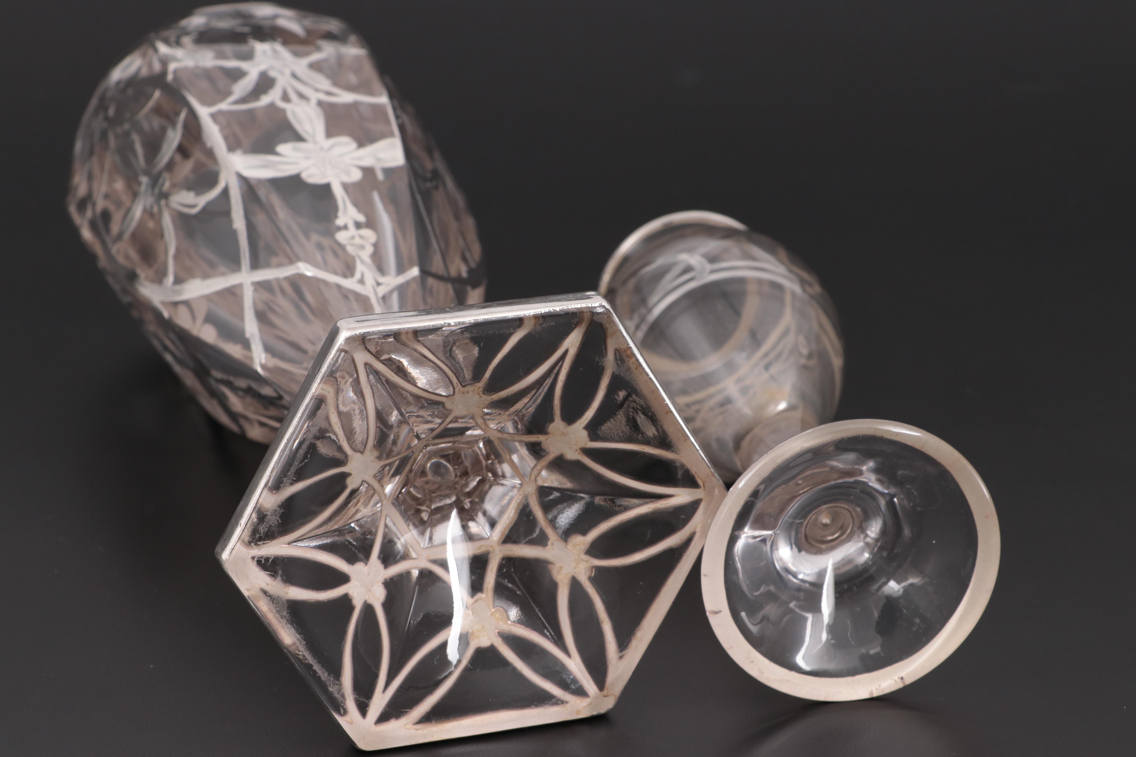 Art Nouveau Style Glass Vases with Sterling Silver Overlay