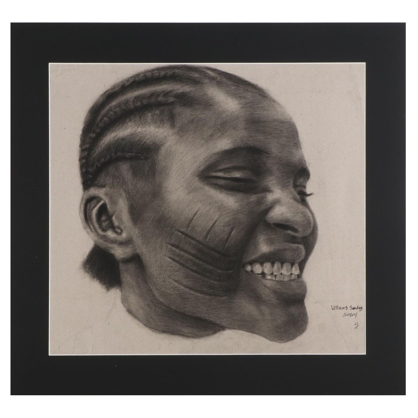 Williams Sunday Portrait Charcoal Drawing of Child with Scarred Cheeks, 2021