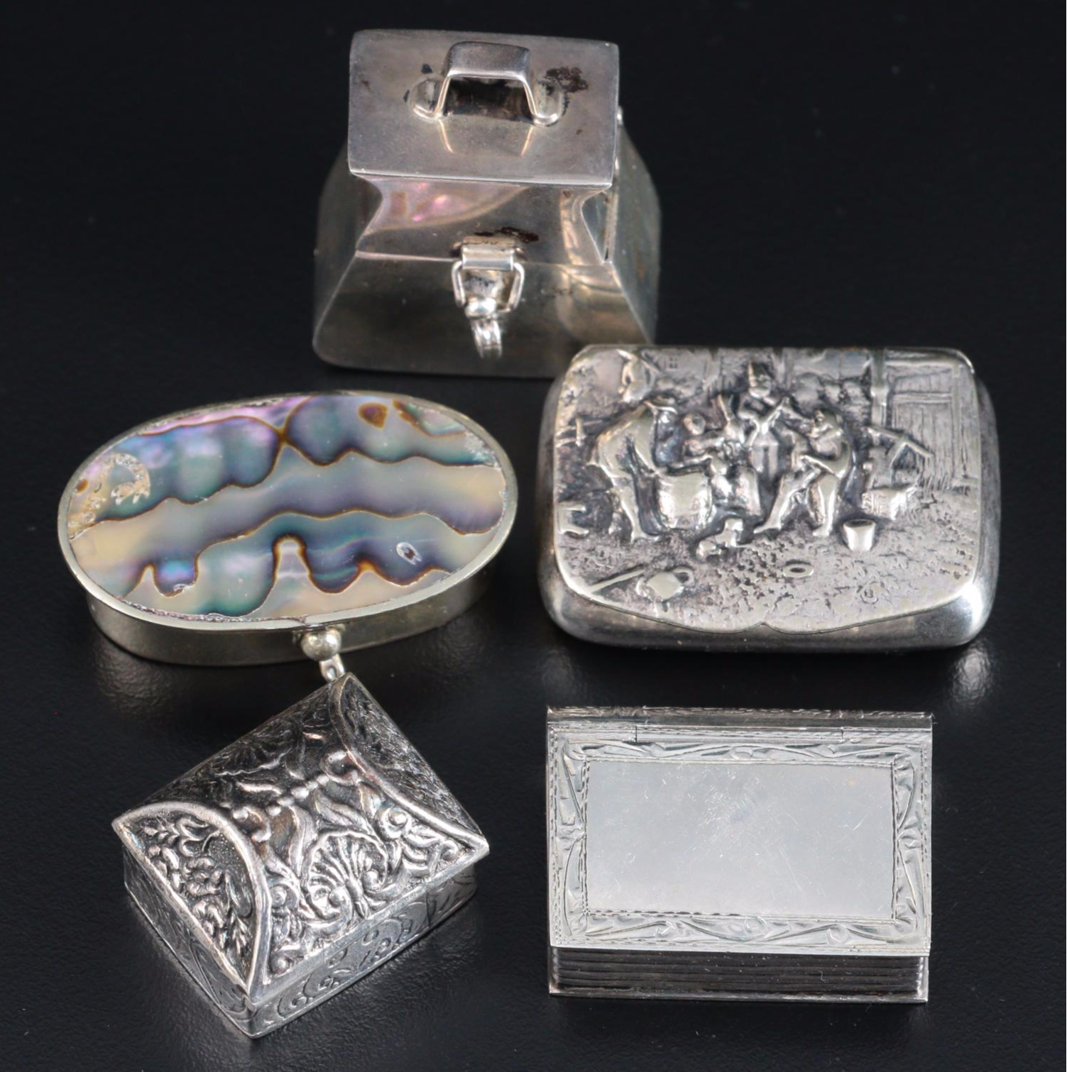 Hans Jensen Sterling Silver Repoussé Pill Box with Other Pill Boxes