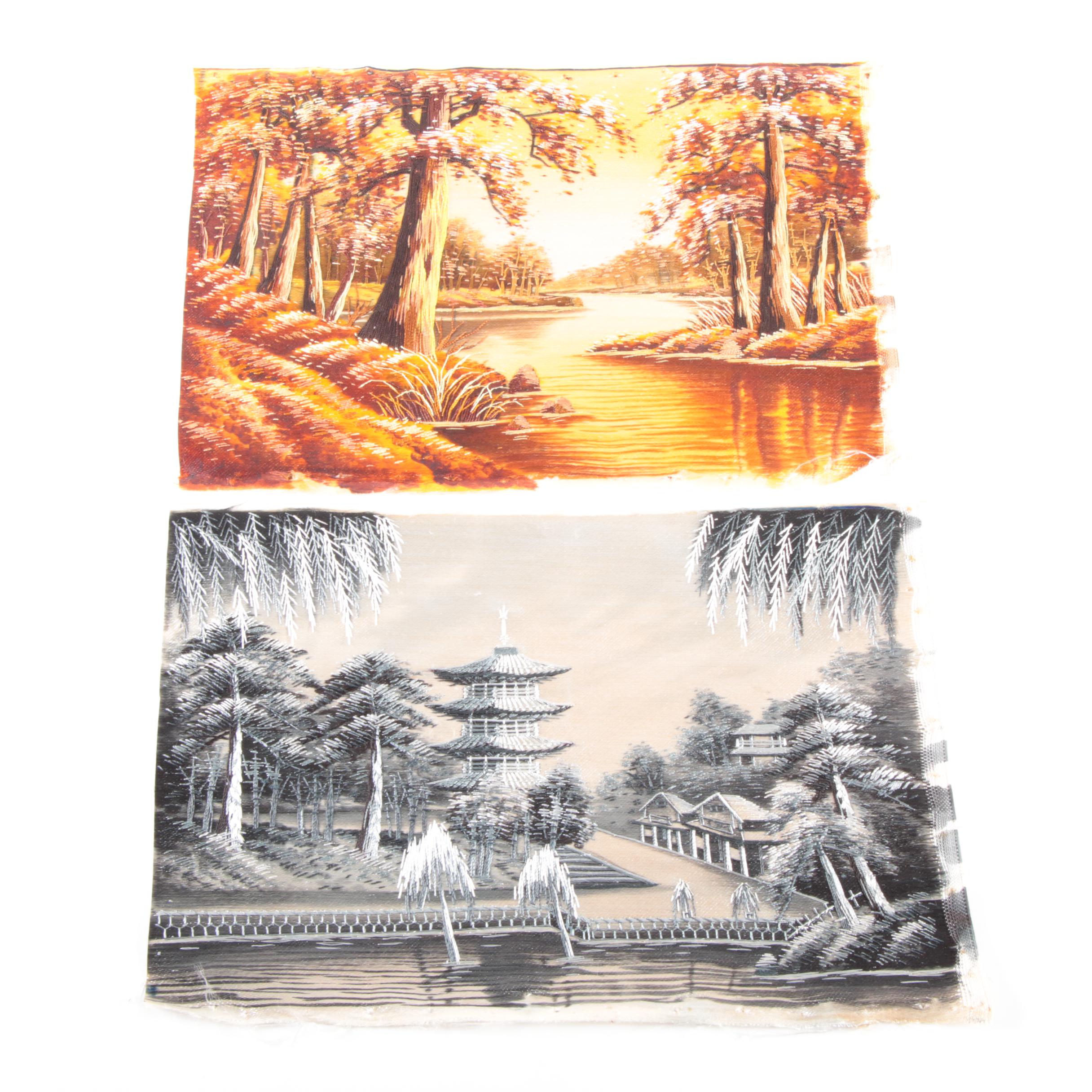 Chinese Handmade Painted and Embroidered Silk Panels of Landscape Scenes