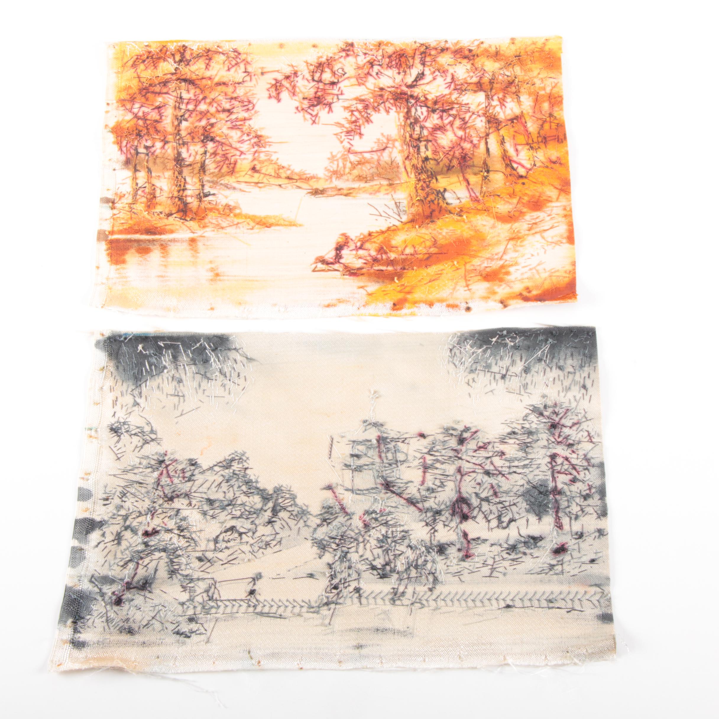 Chinese Handmade Painted and Embroidered Silk Panels of Landscape Scenes