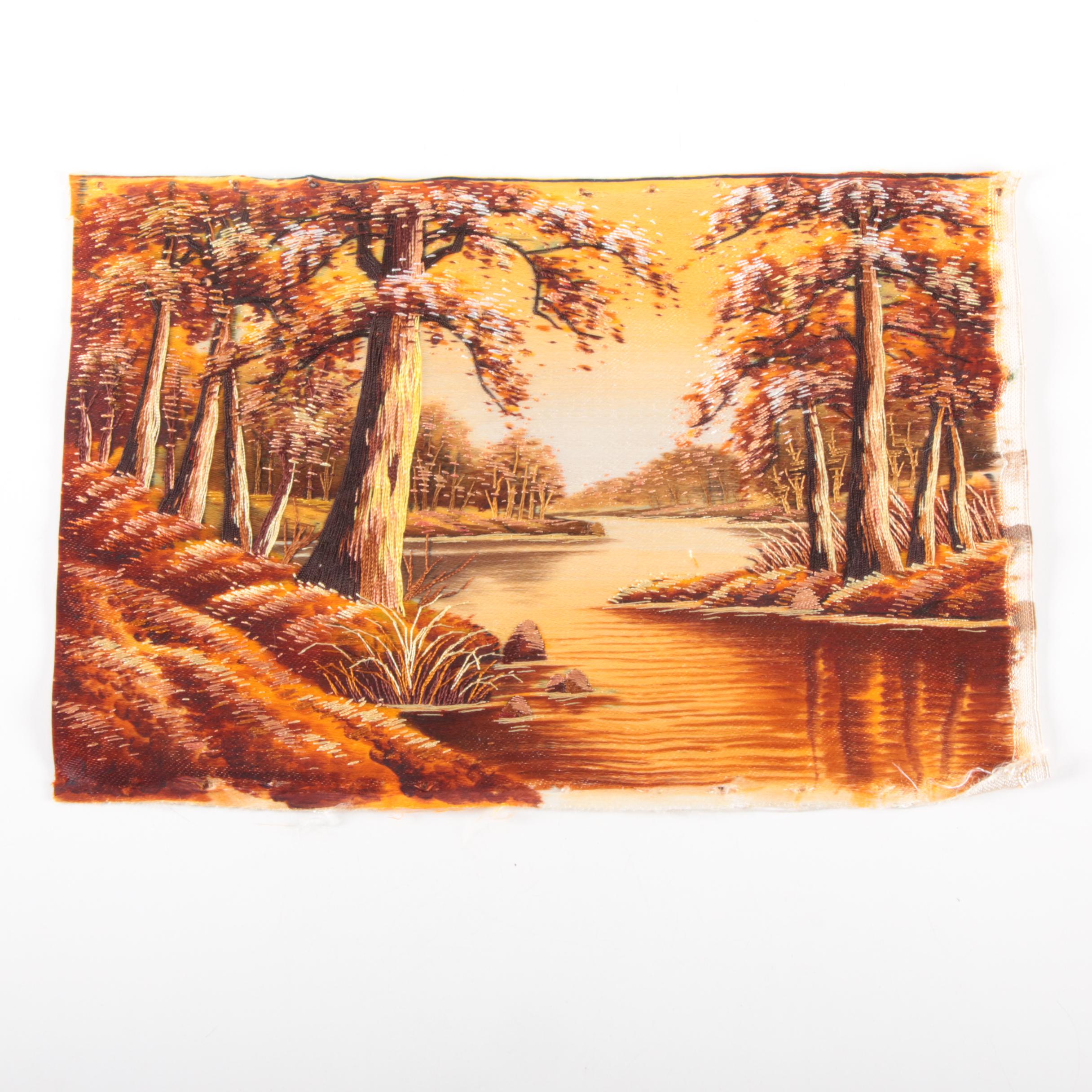 Chinese Handmade Painted and Embroidered Silk Panels of Landscape Scenes