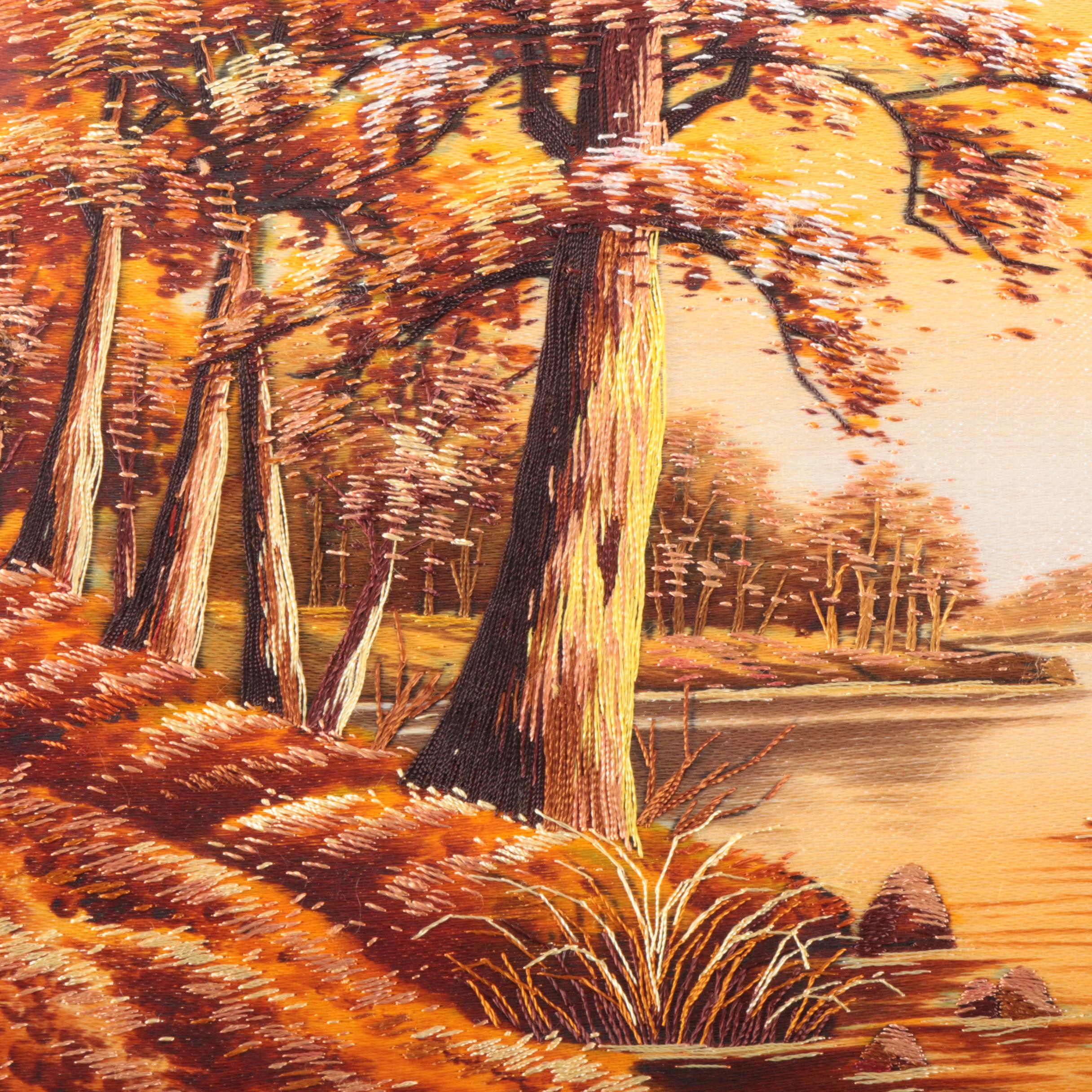 Chinese Handmade Painted and Embroidered Silk Panels of Landscape Scenes