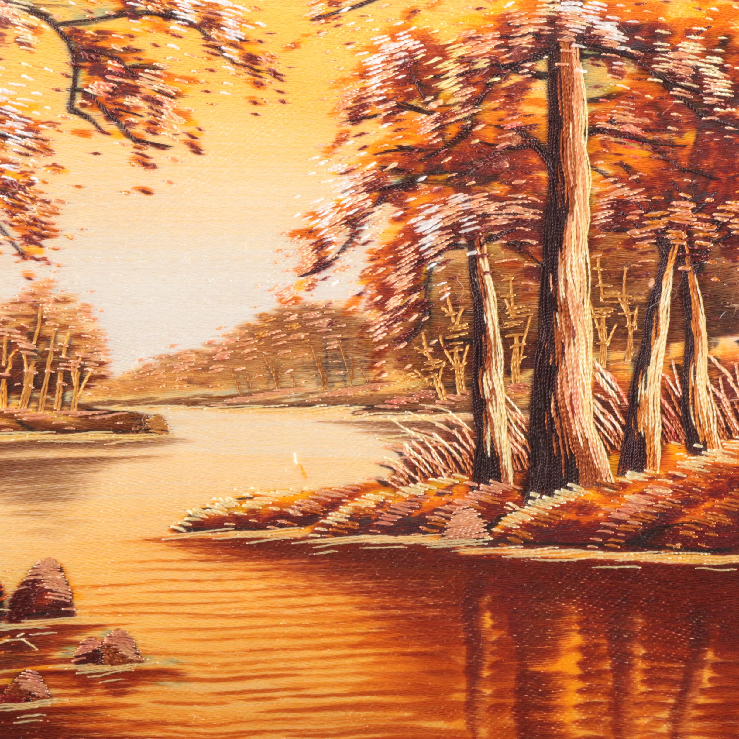 Chinese Handmade Painted and Embroidered Silk Panels of Landscape Scenes