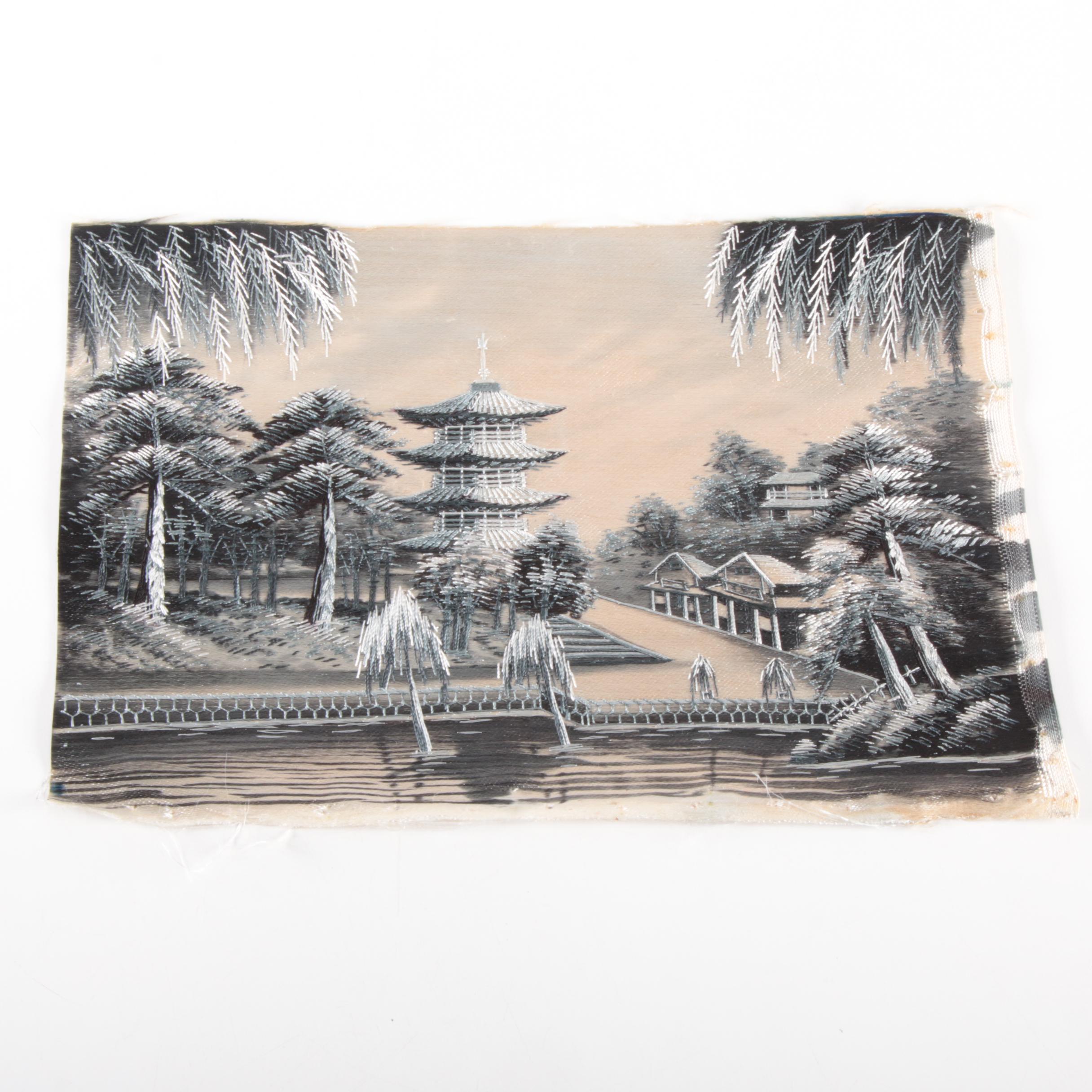 Chinese Handmade Painted and Embroidered Silk Panels of Landscape Scenes