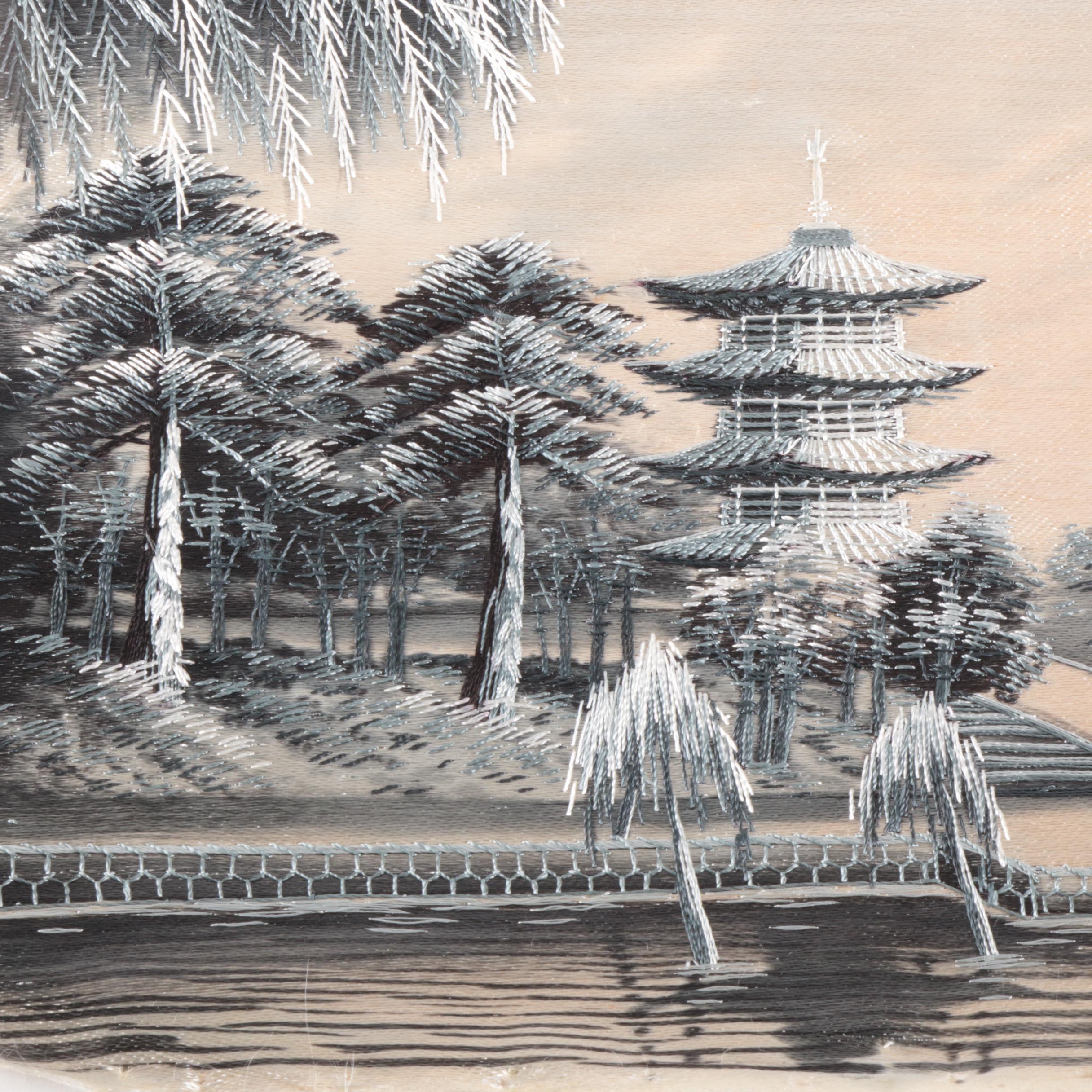 Chinese Handmade Painted and Embroidered Silk Panels of Landscape Scenes