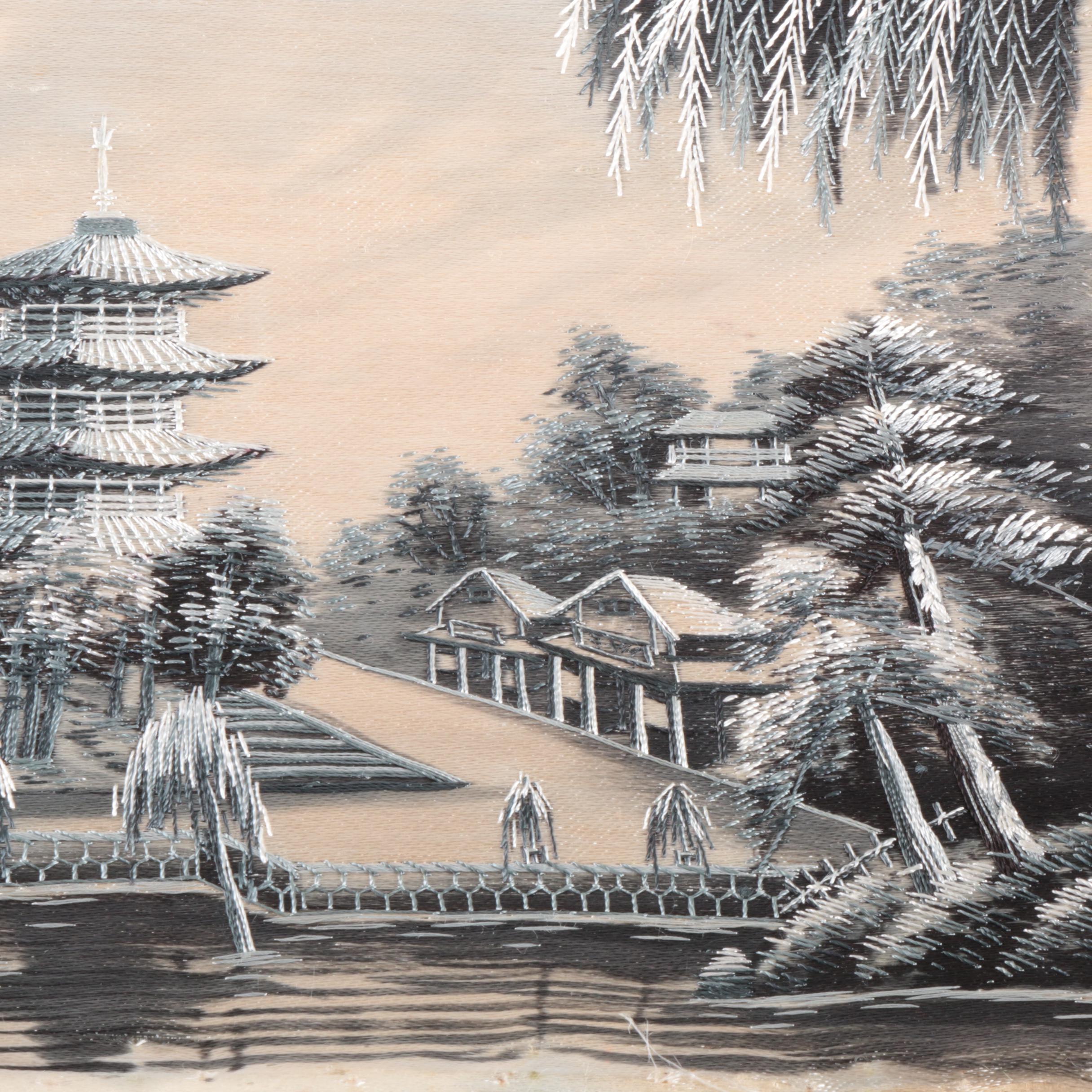 Chinese Handmade Painted and Embroidered Silk Panels of Landscape Scenes
