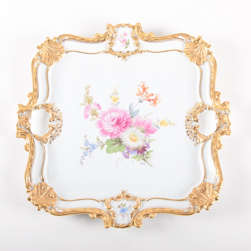 Meissen Rococo Style Hand-Painted Gilt and Floral Porcelain Tea Tray